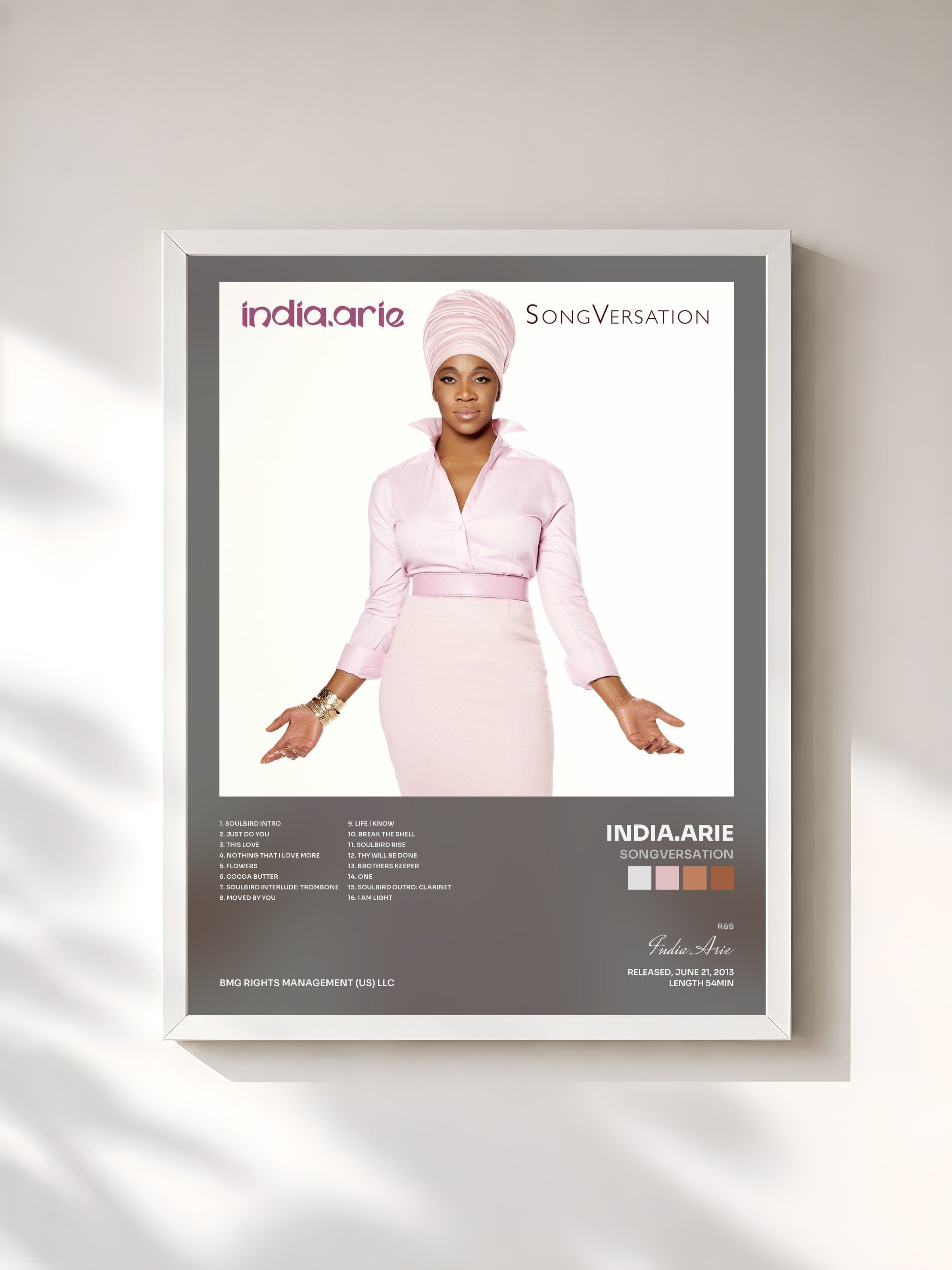 #blanc Tableau de l'album SongVersation de India.Arie, cadre blanc, imprimé et encadré en France
