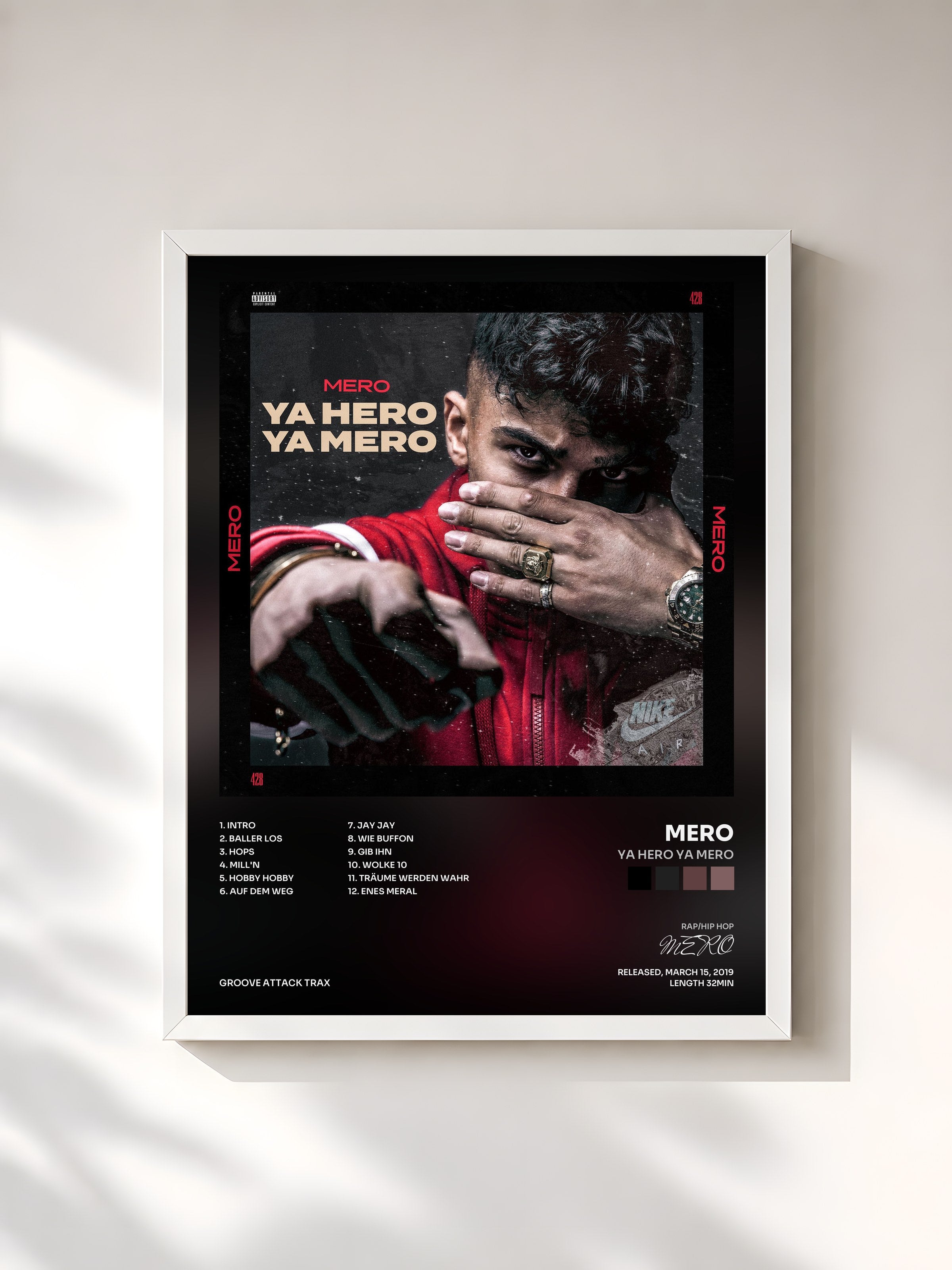 #blanc Tableau de l'album YA HERO YA MERO de MERO, cadre blanc, imprimé et encadré en France
