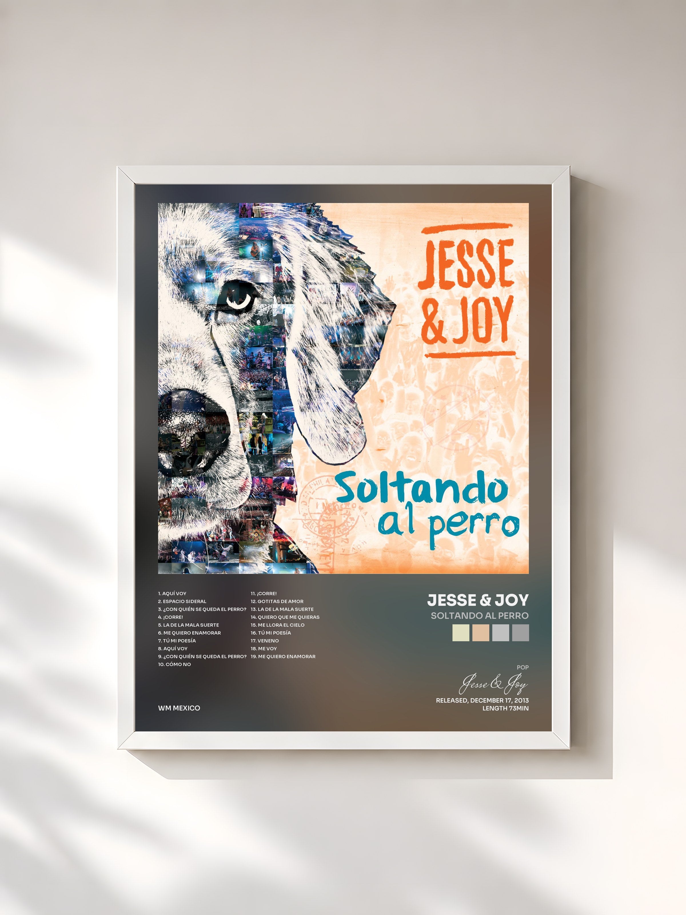 #blanc Tableau de l'album Soltando Al Perro de Jesse & Joy, cadre blanc, imprimé et encadré en France