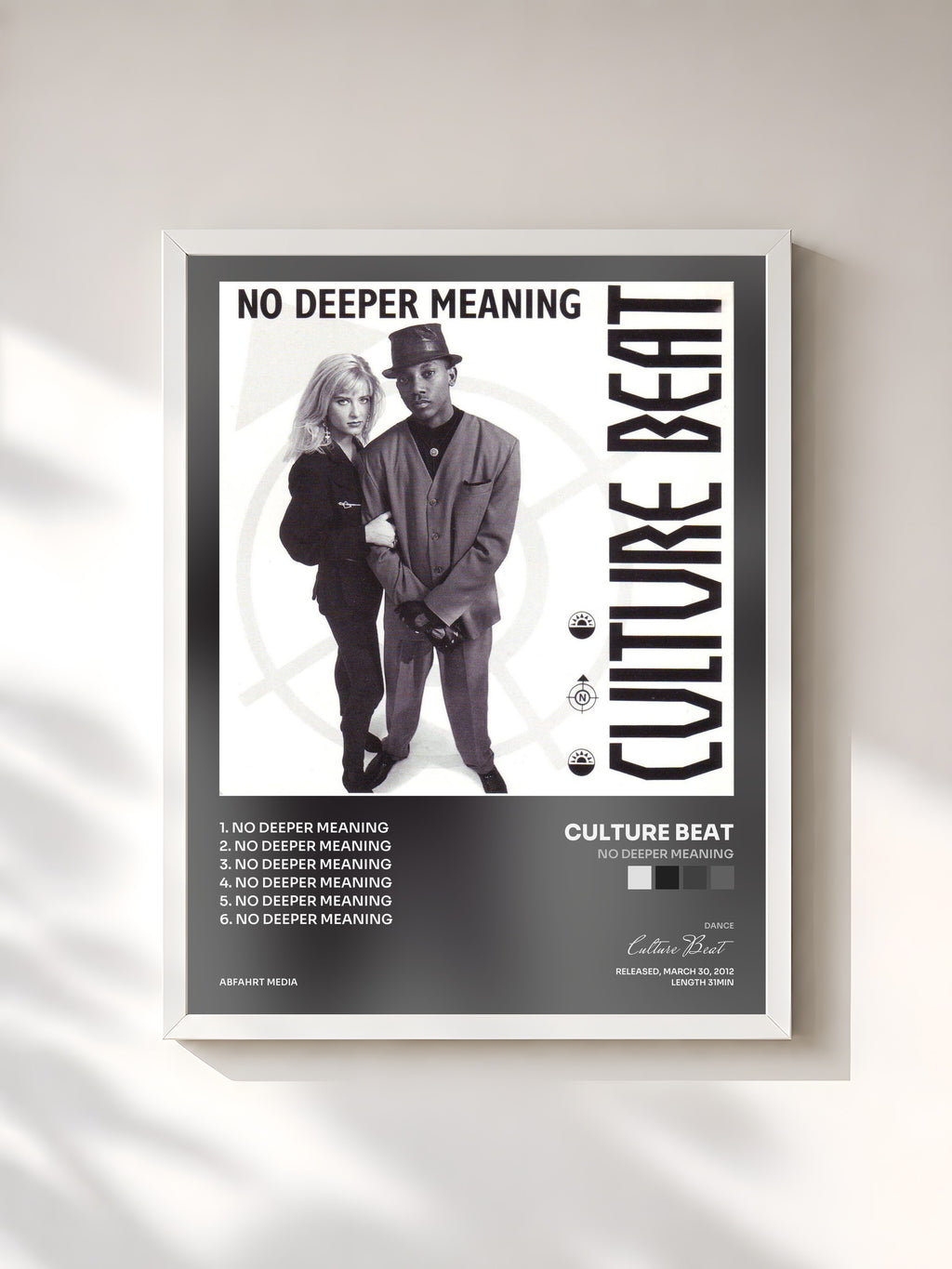#blanc Tableau de l'album No Deeper Meaning de Culture Beat, cadre blanc, imprimé et encadré en France