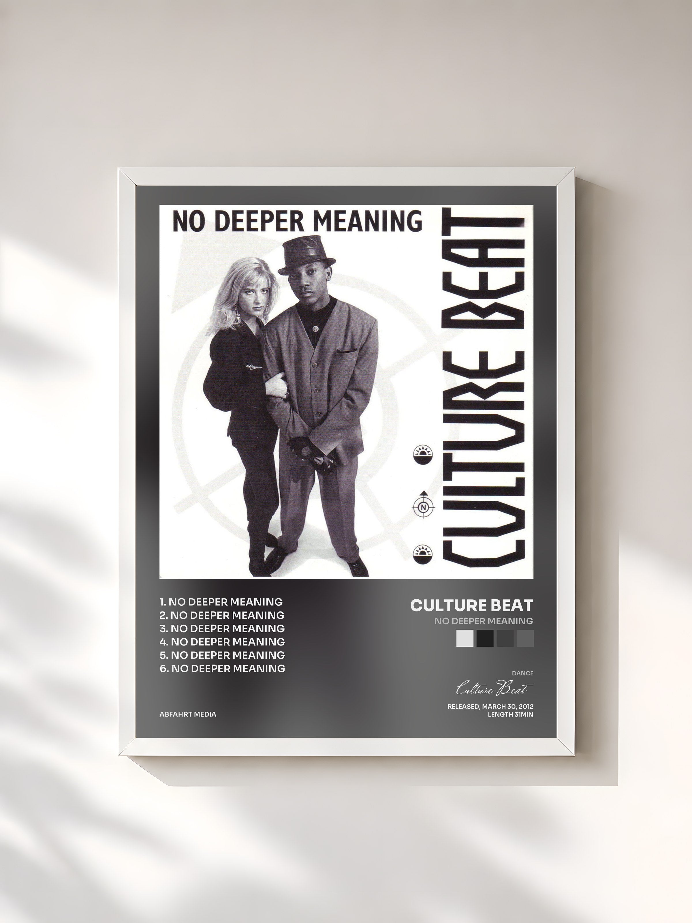 #blanc Tableau de l'album No Deeper Meaning de Culture Beat, cadre blanc, imprimé et encadré en France