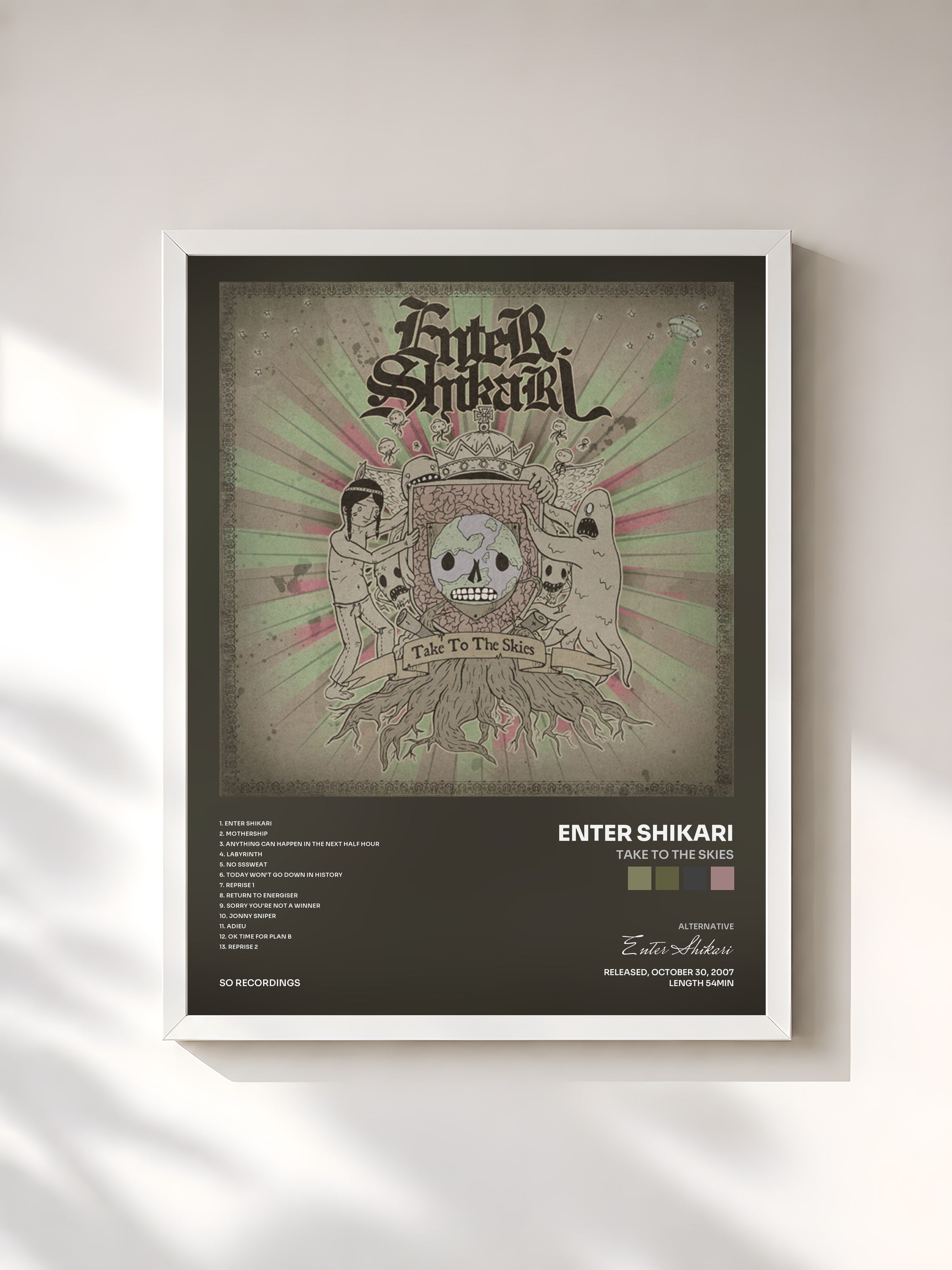 #blanc Tableau de l'album Take to the Skies de Enter Shikari, cadre blanc, imprimé et encadré en France