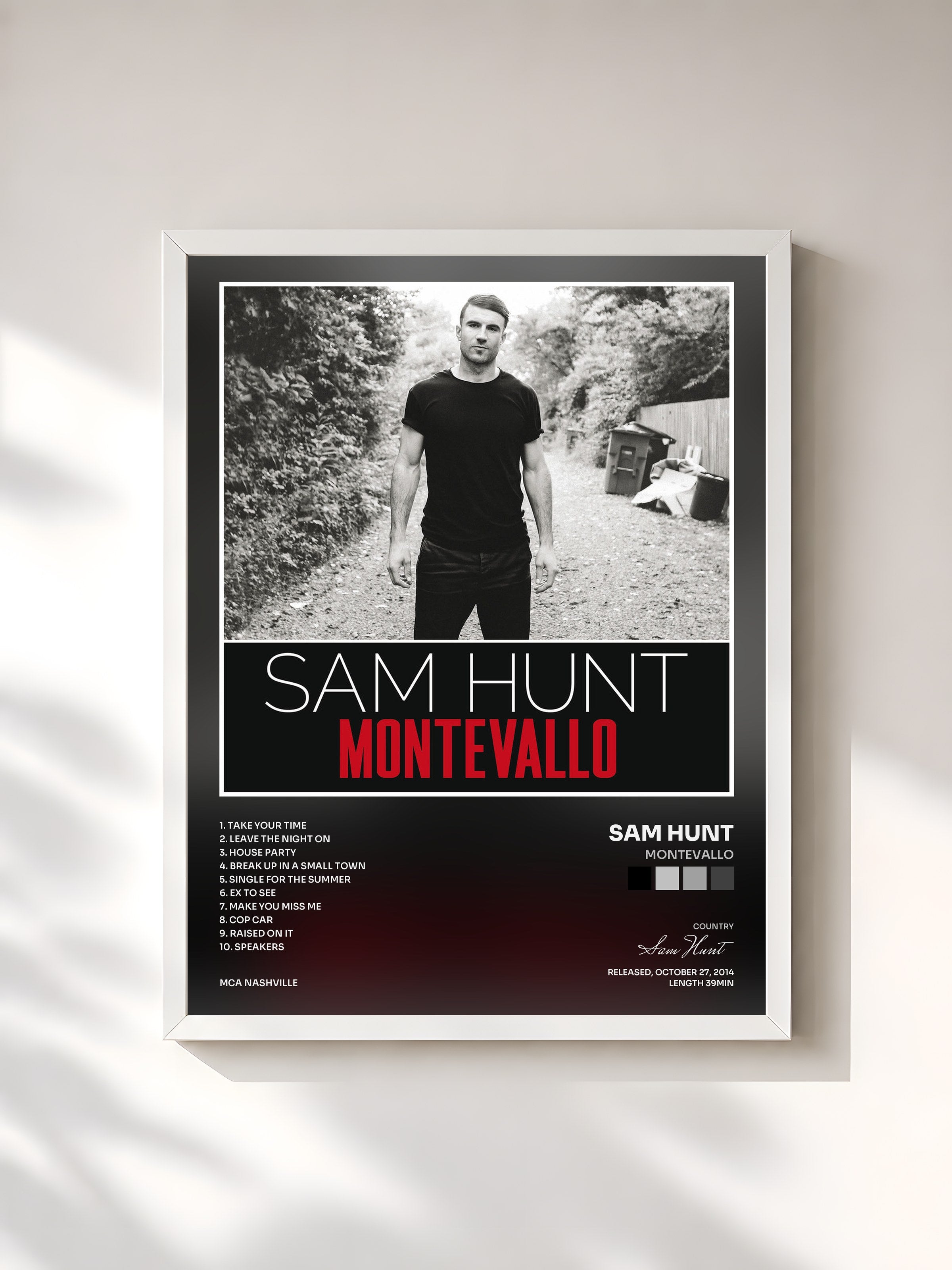 #blanc Tableau de l'album Montevallo de Sam Hunt, cadre blanc, imprimé et encadré en France