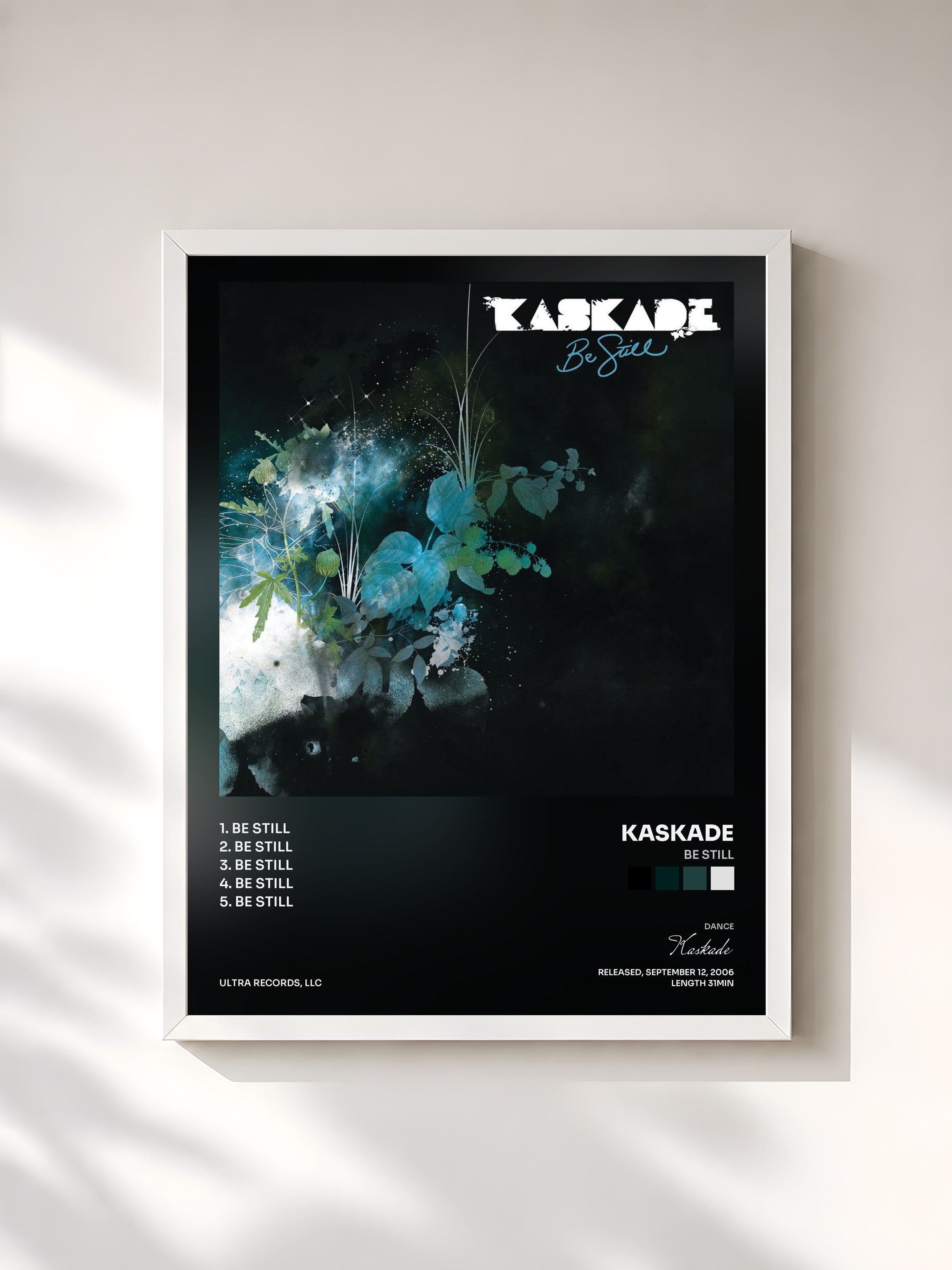 #blanc Tableau de l'album Be Still de Kaskade, cadre blanc, imprimé et encadré en France