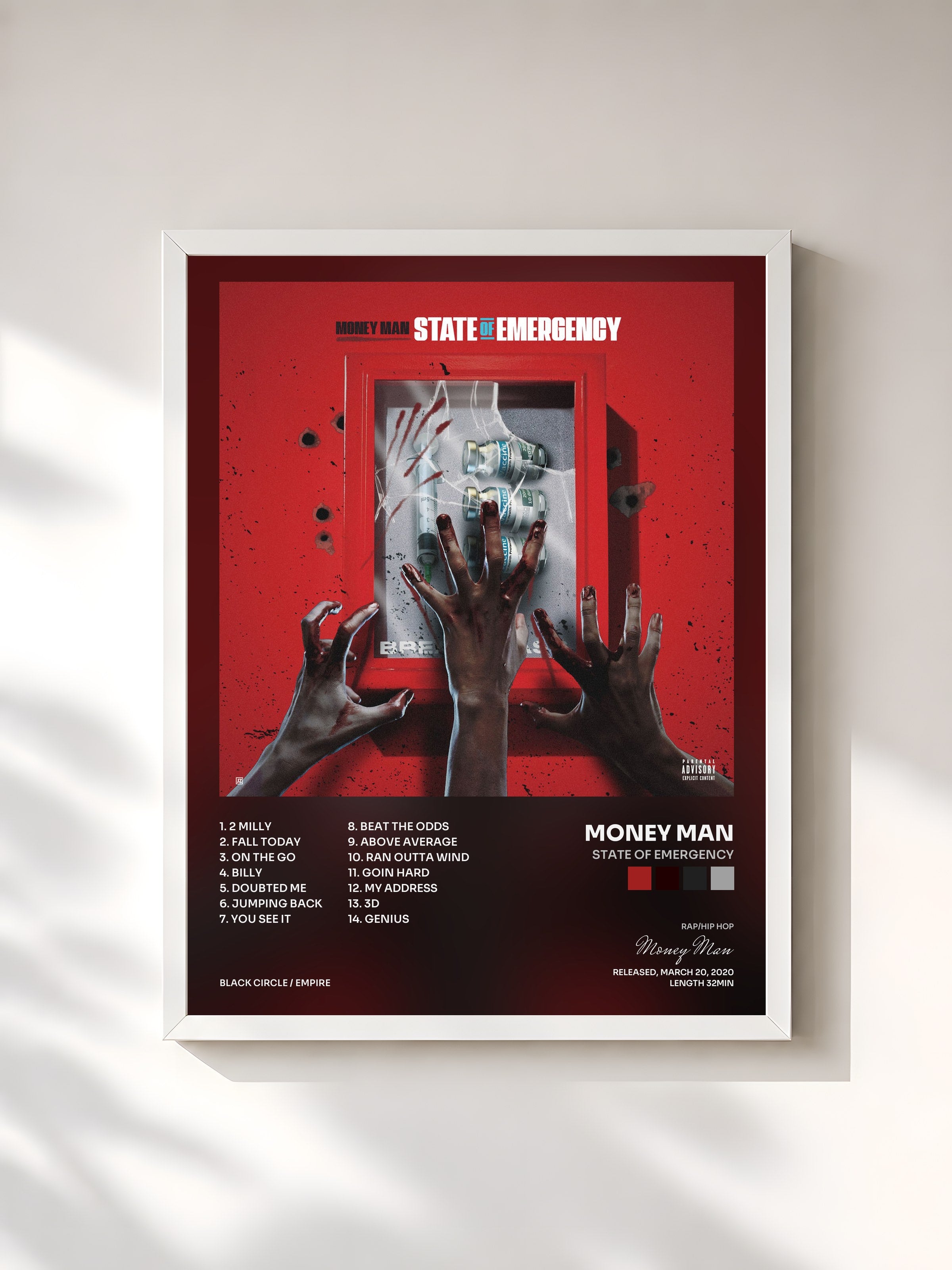 #blanc Tableau de l'album State of Emergency de Money Man, cadre blanc, imprimé et encadré en France