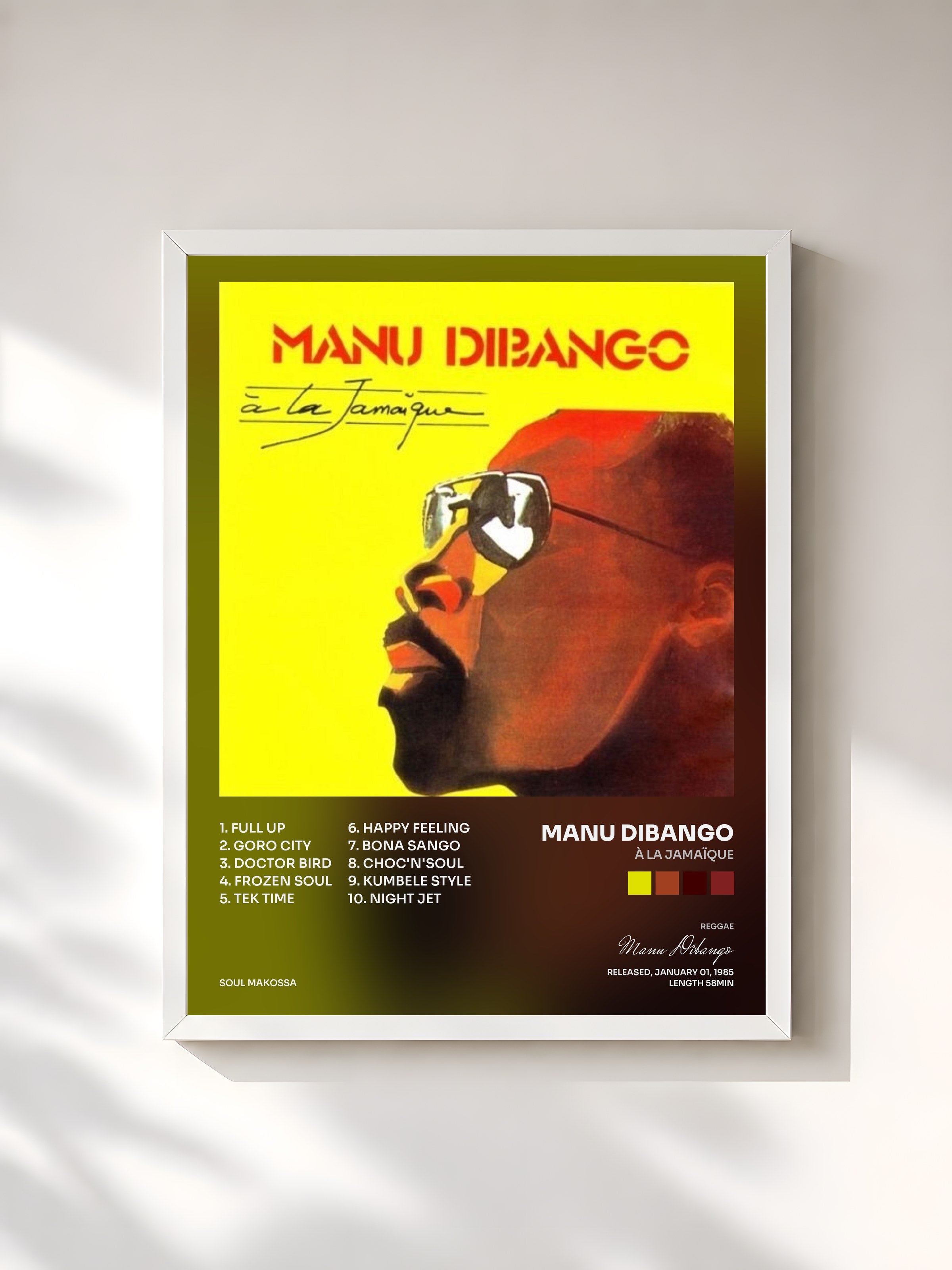 #blanc Tableau de l'album À La Jamaïque de Manu Dibango, cadre blanc, imprimé et encadré en France