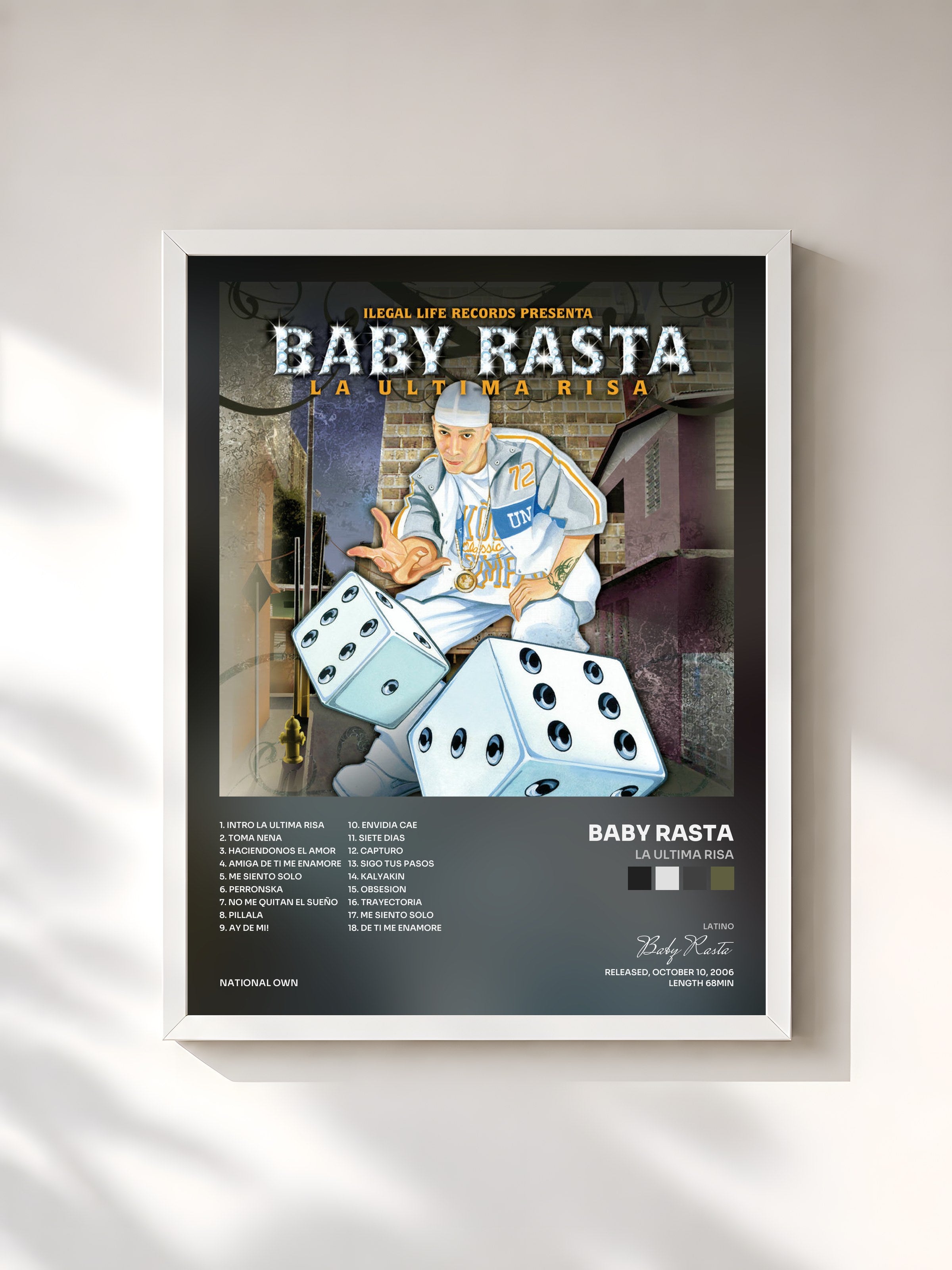 #blanc Tableau de l'album La Ultima Risa de Baby Rasta, cadre blanc, imprimé et encadré en France