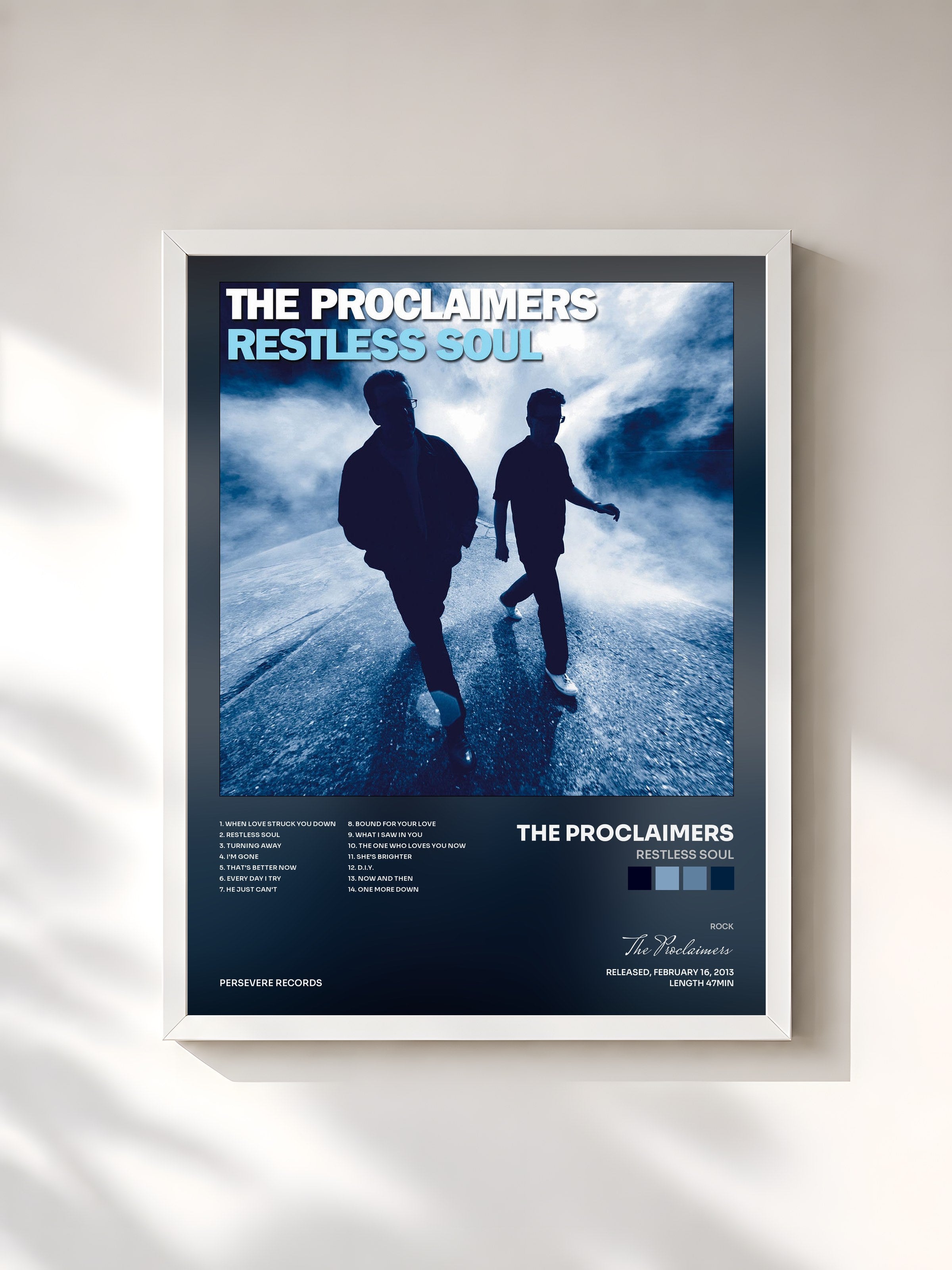 #blanc Tableau de l'album Restless Soul de The Proclaimers, cadre blanc, imprimé et encadré en France