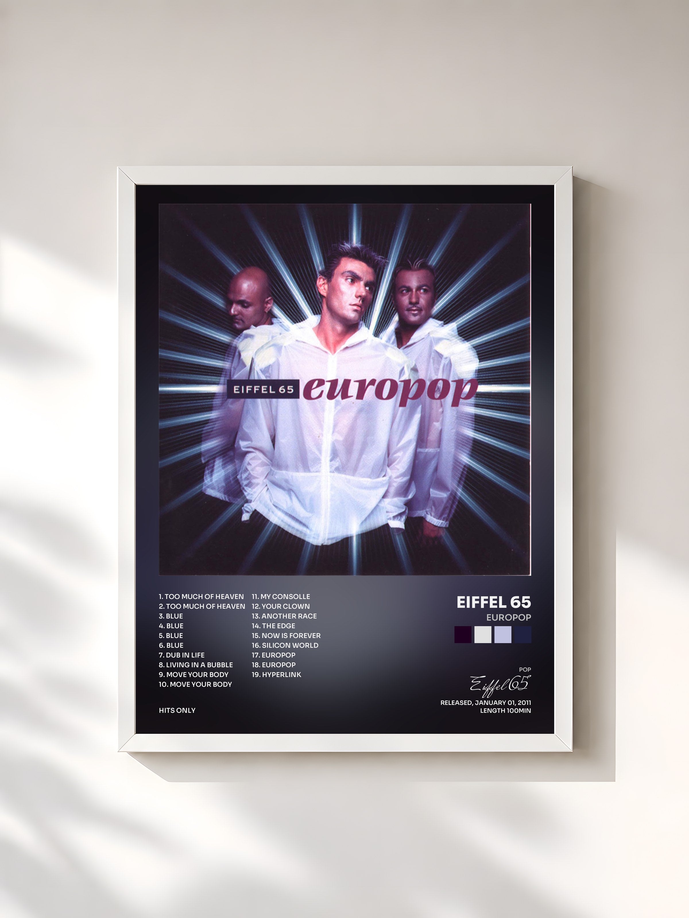 #blanc Tableau de l'album Europop de Eiffel 65, cadre blanc, imprimé et encadré en France
