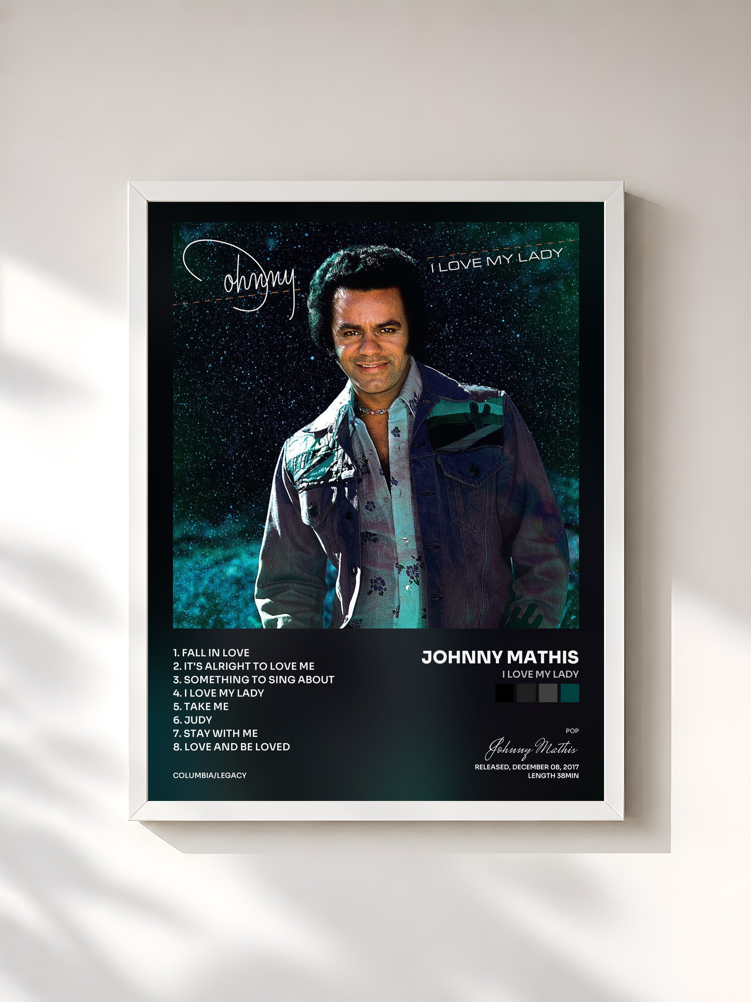 #blanc Tableau de l'album I Love My Lady de Johnny Mathis, cadre blanc, imprimé et encadré en France