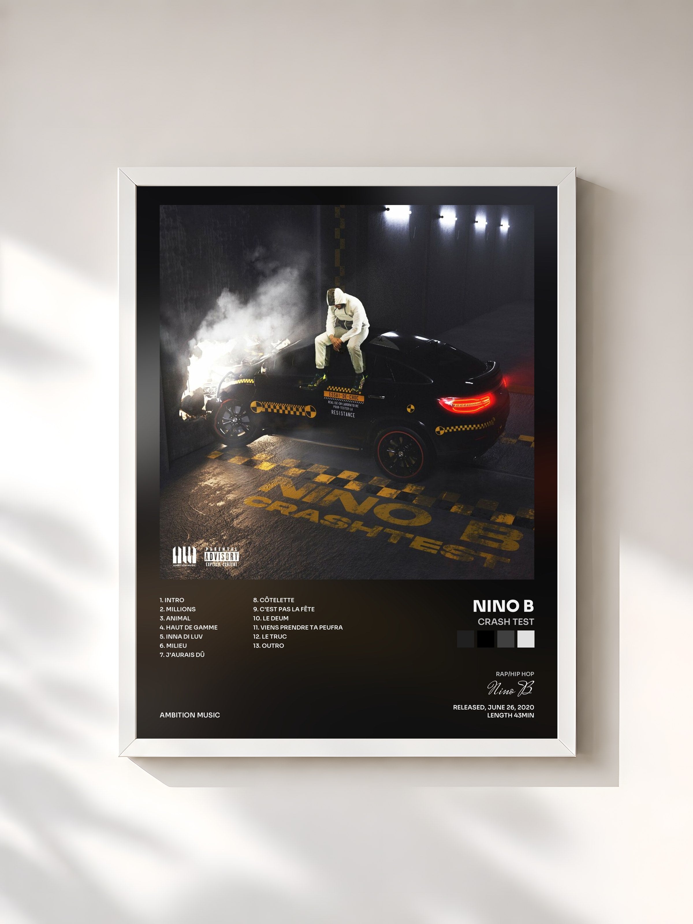 #blanc Tableau de l'album Crash Test de Nino B, cadre blanc, imprimé et encadré en France