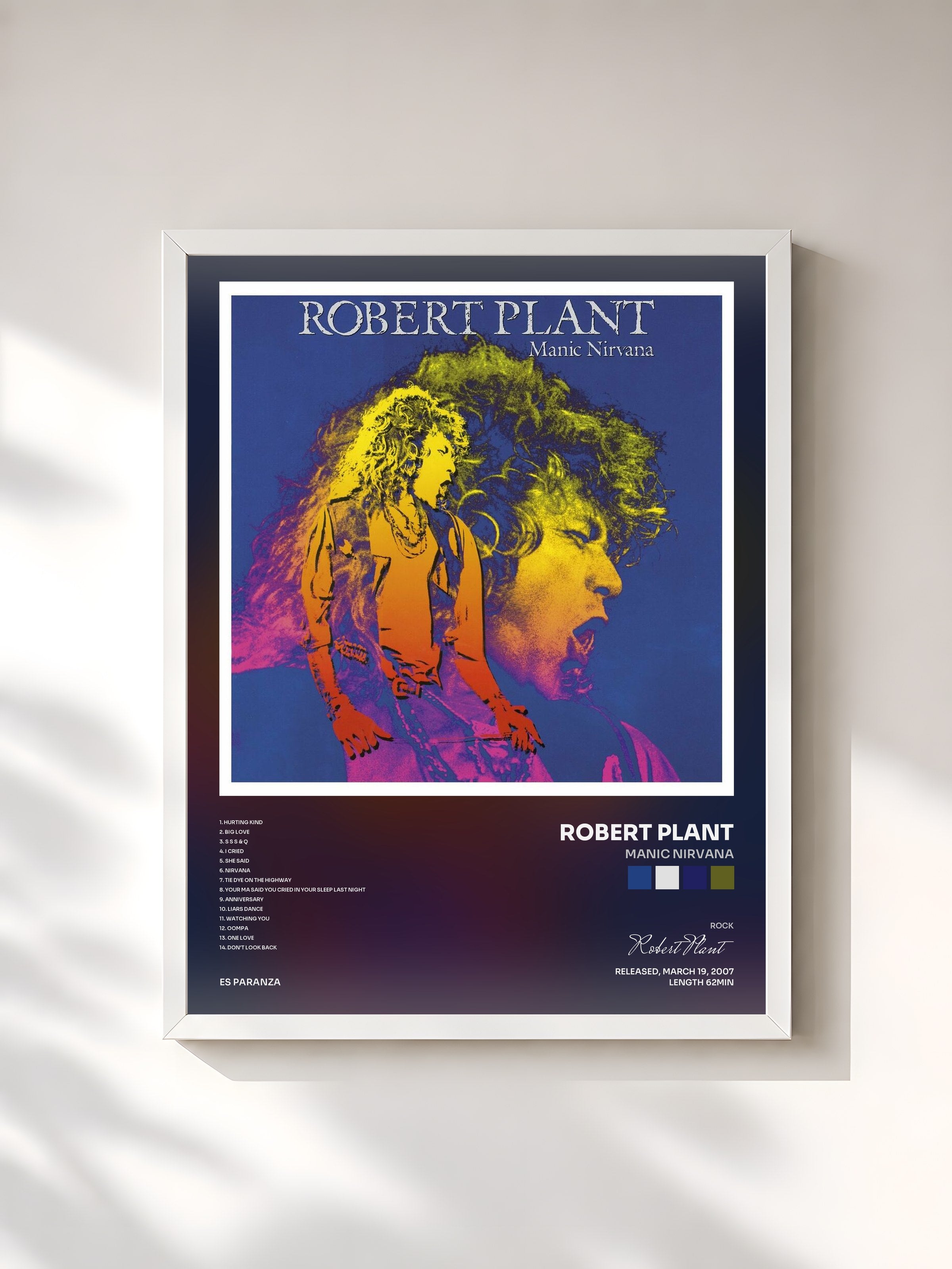 #blanc Tableau de l'album Manic Nirvana de Robert Plant, cadre blanc, imprimé et encadré en France
