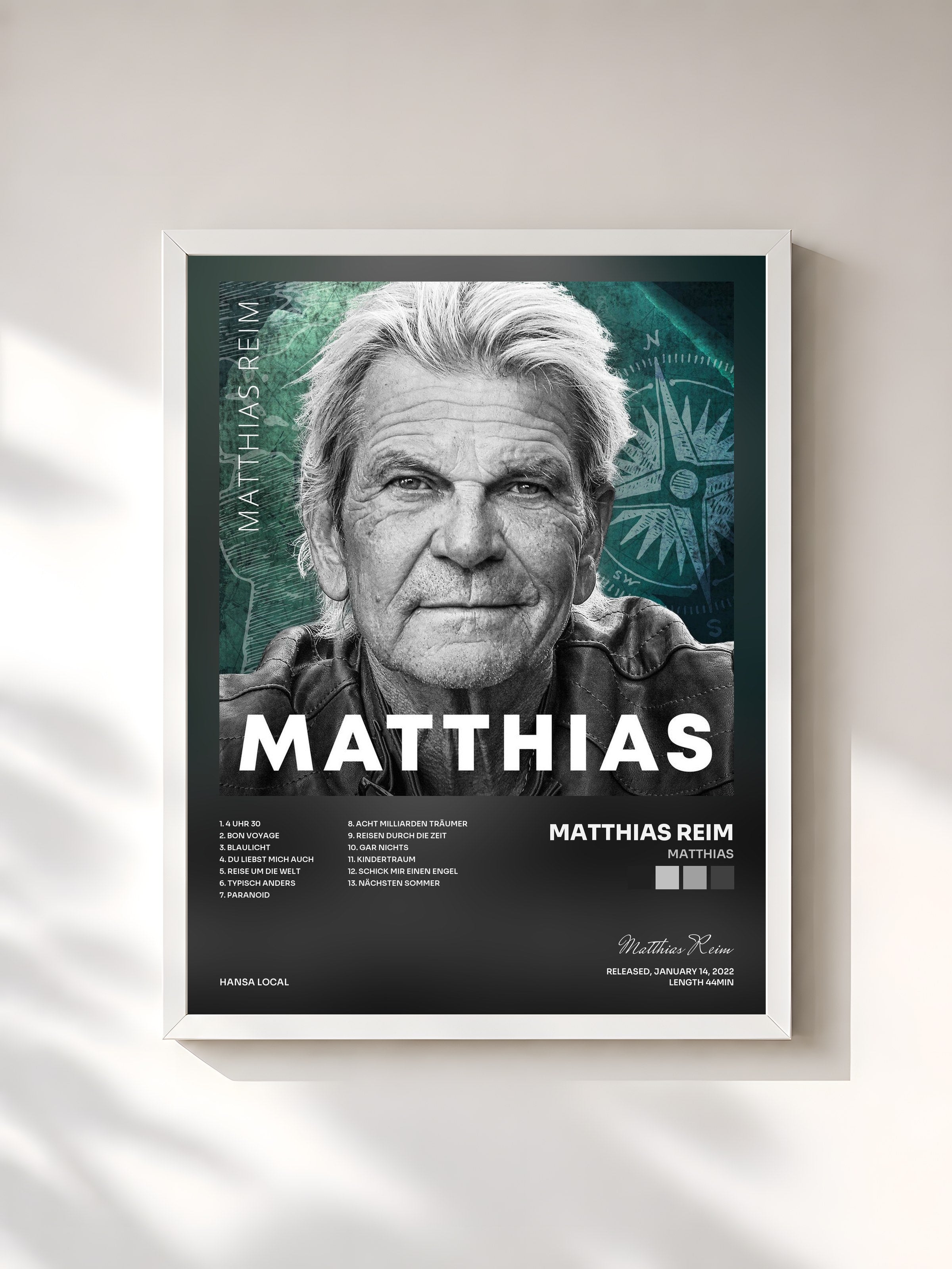 #blanc Tableau de l'album MATTHIAS de Matthias Reim, cadre blanc, imprimé et encadré en France