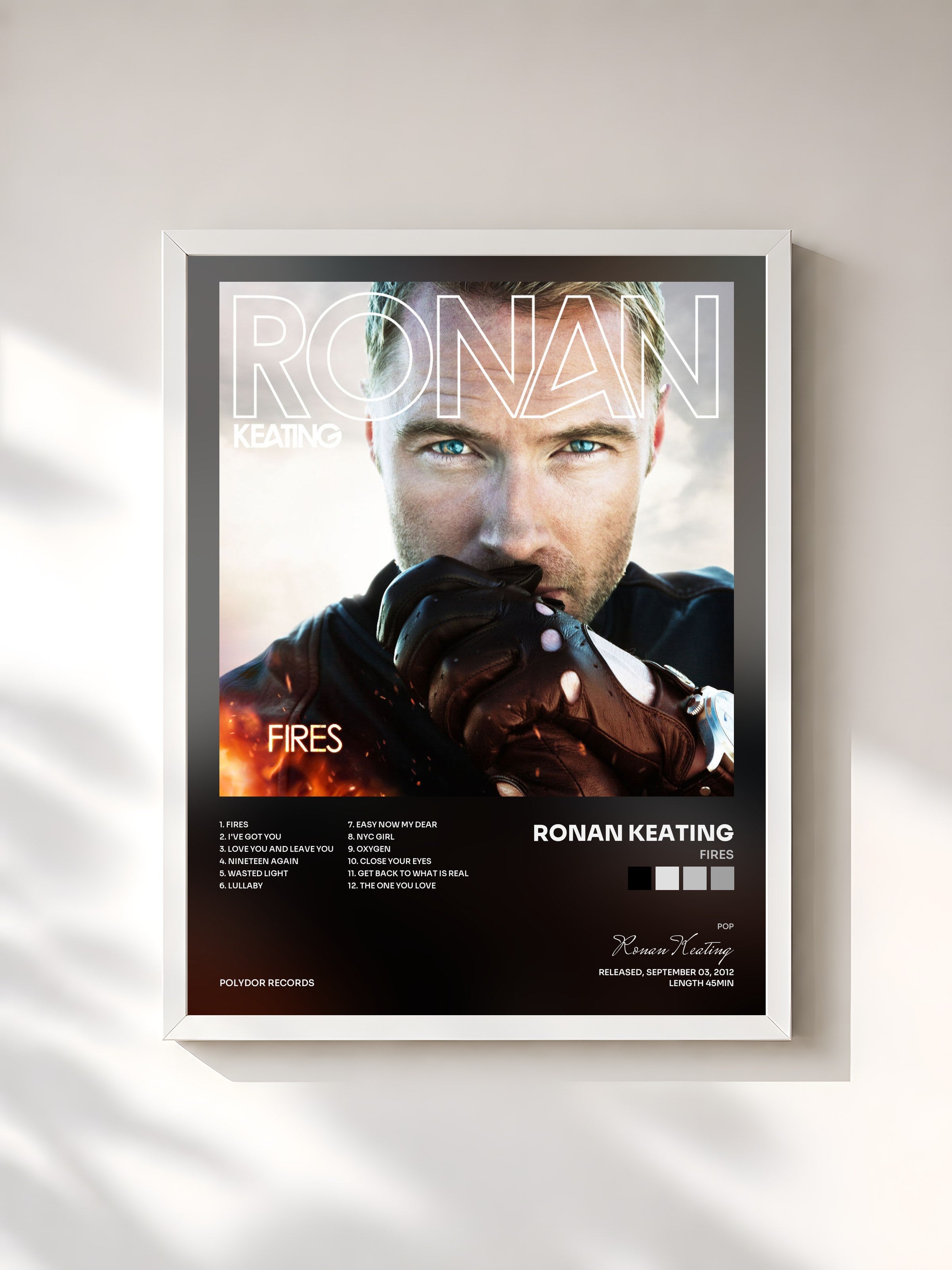 #blanc Tableau de l'album Fires de Ronan Keating, cadre blanc, imprimé et encadré en France