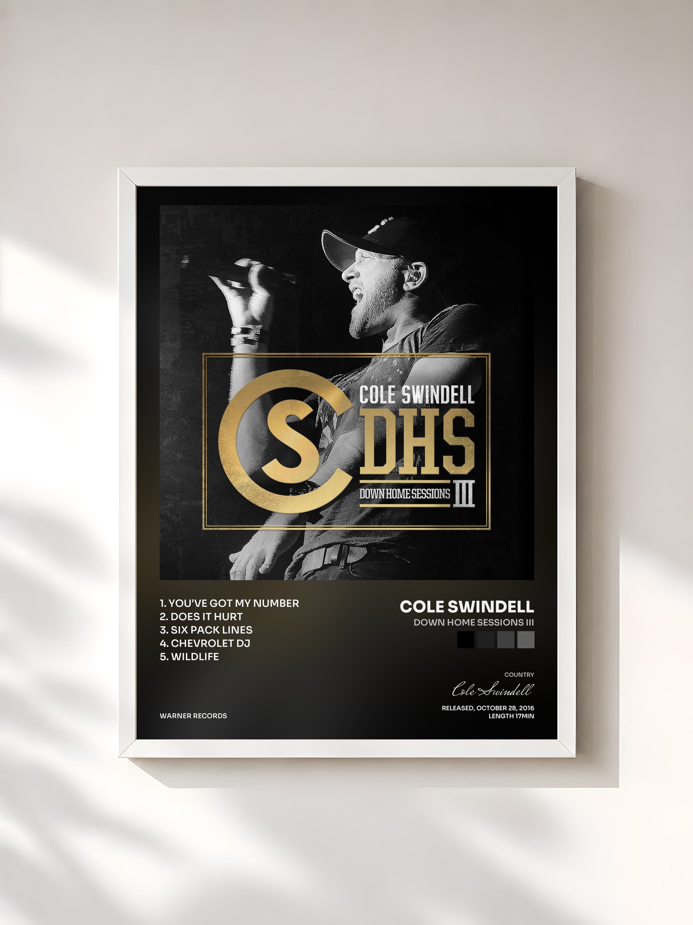 #blanc Tableau de l'album Down Home Sessions III de Cole Swindell, cadre blanc, imprimé et encadré en France