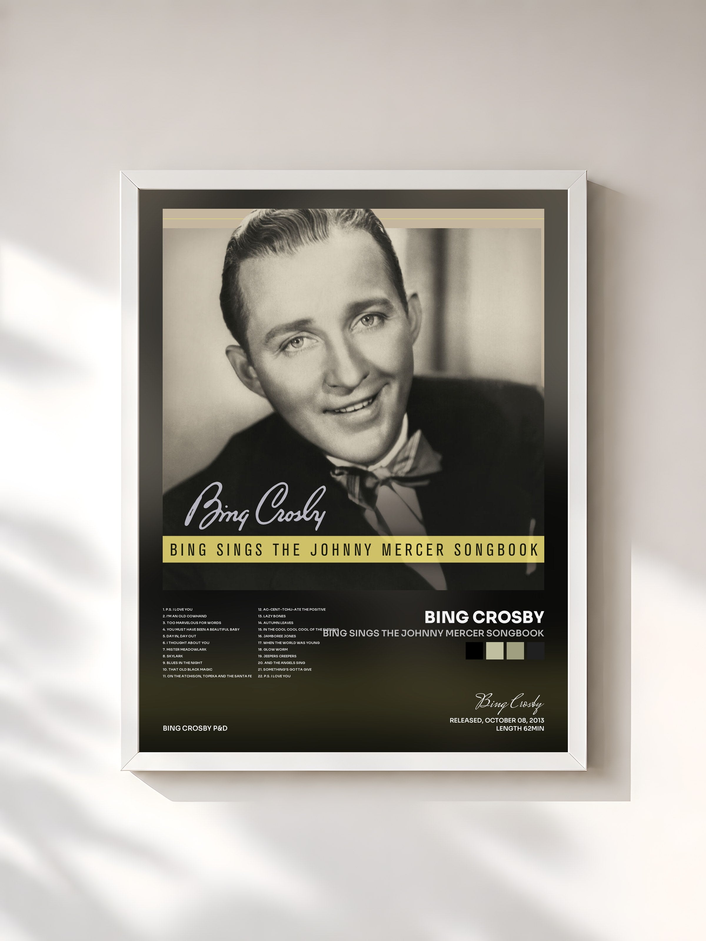 #blanc Tableau de l'album Bing Sings The Johnny Mercer Songbook de Bing Crosby, cadre blanc, imprimé et encadré en France