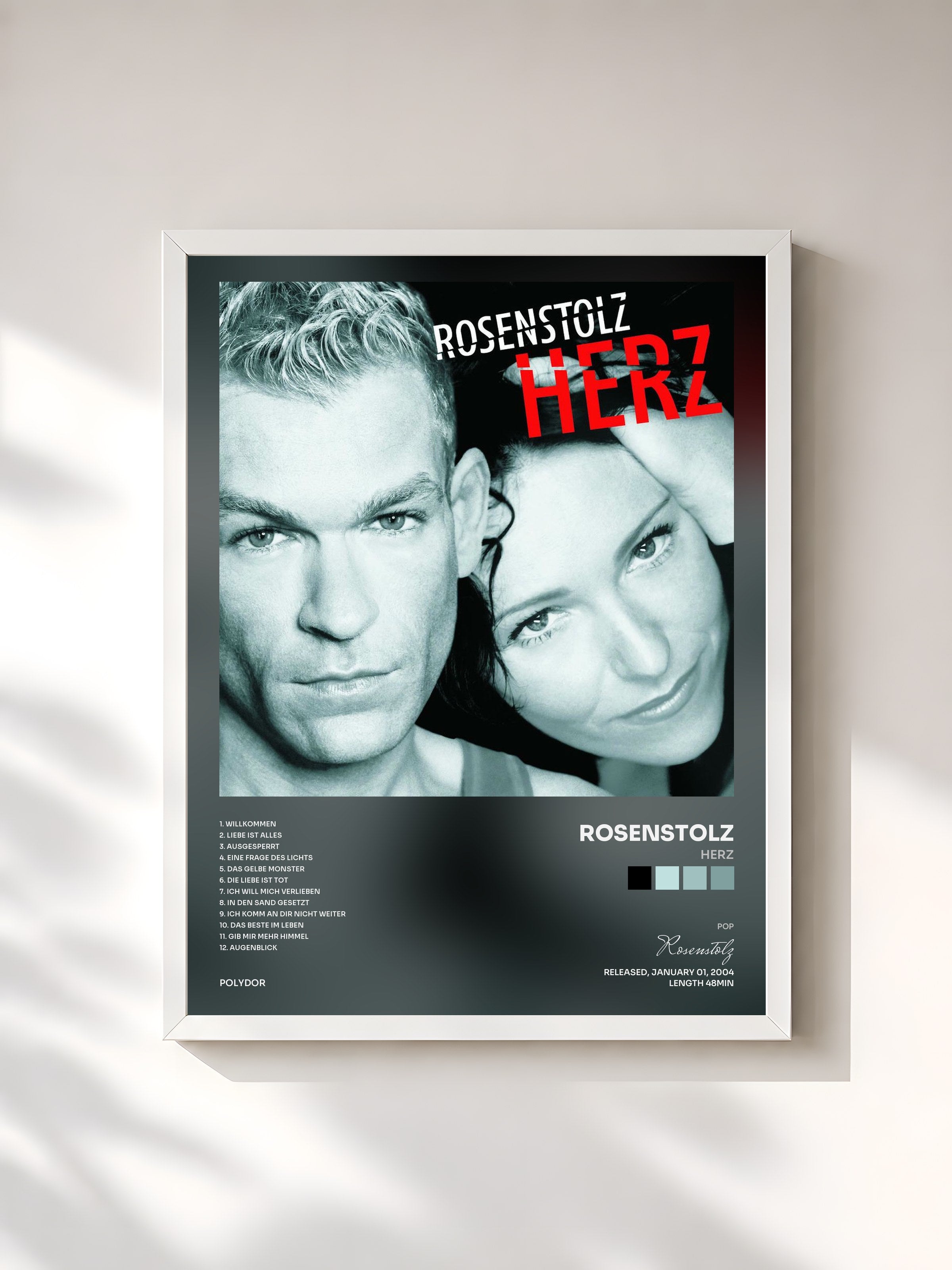 #blanc Tableau de l'album Herz de Rosenstolz, cadre blanc, imprimé et encadré en France