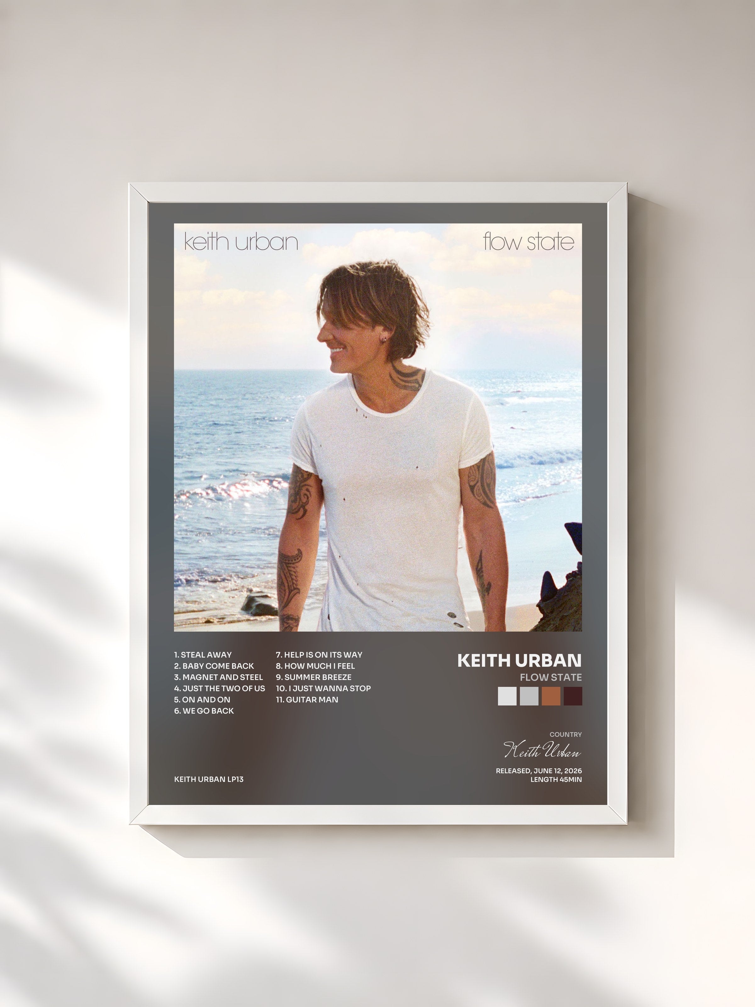 #blanc Tableau de l'album flow state de Keith Urban, cadre blanc, imprimé et encadré en France