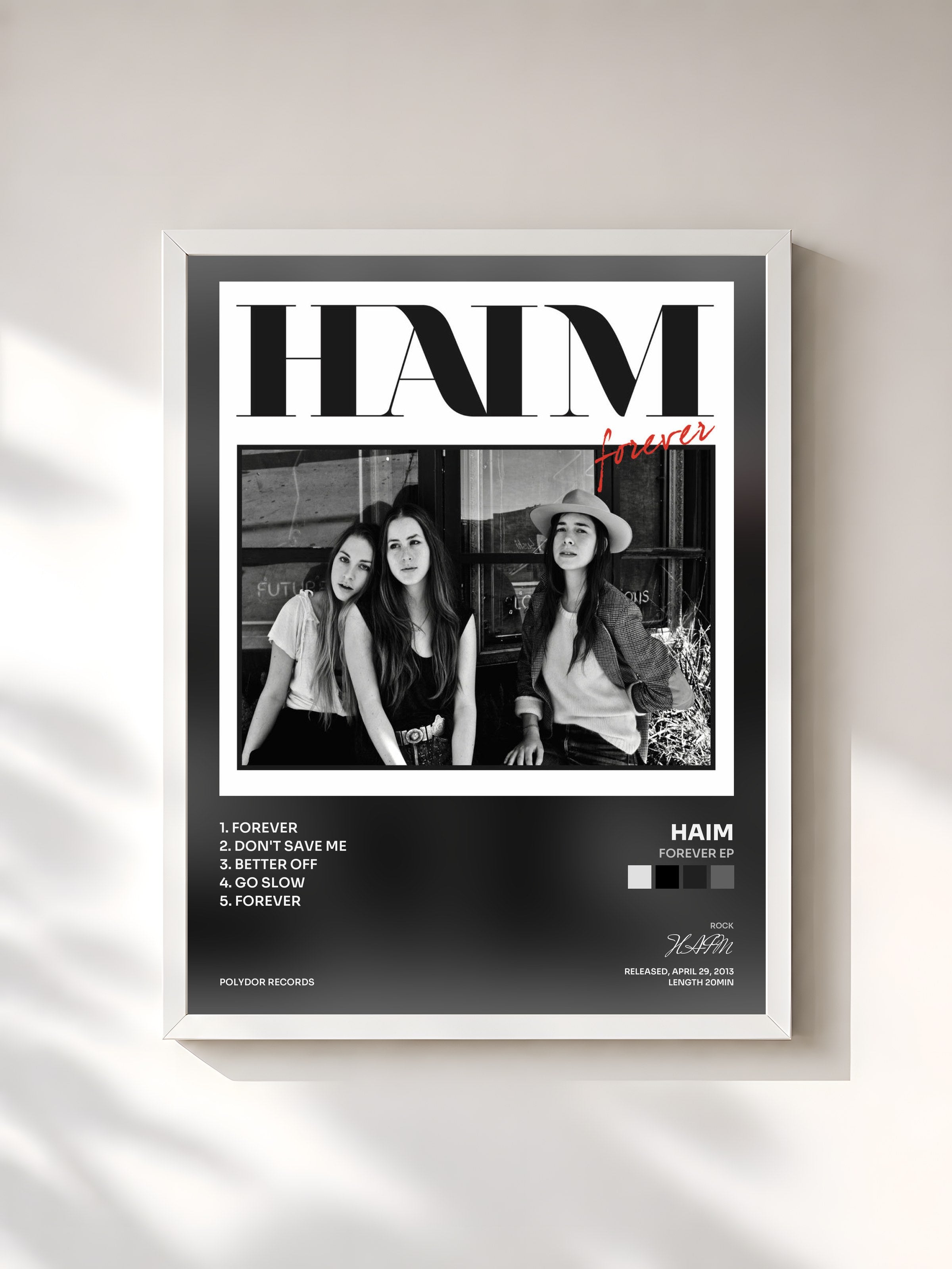 #blanc Tableau de l'album Forever EP de HAIM, cadre blanc, imprimé et encadré en France