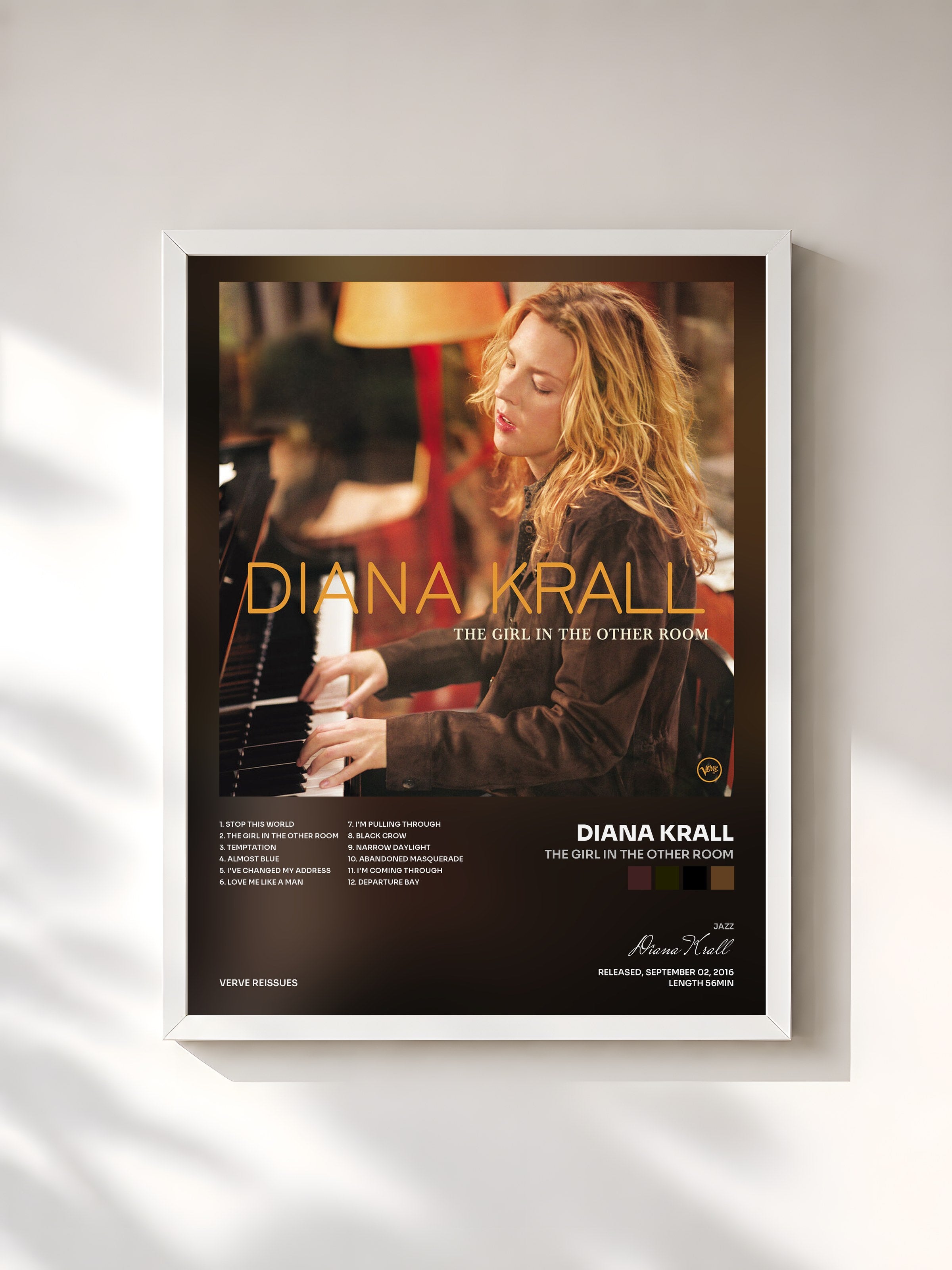 #blanc Tableau de l'album The Girl In The Other Room de Diana Krall, cadre blanc, imprimé et encadré en France