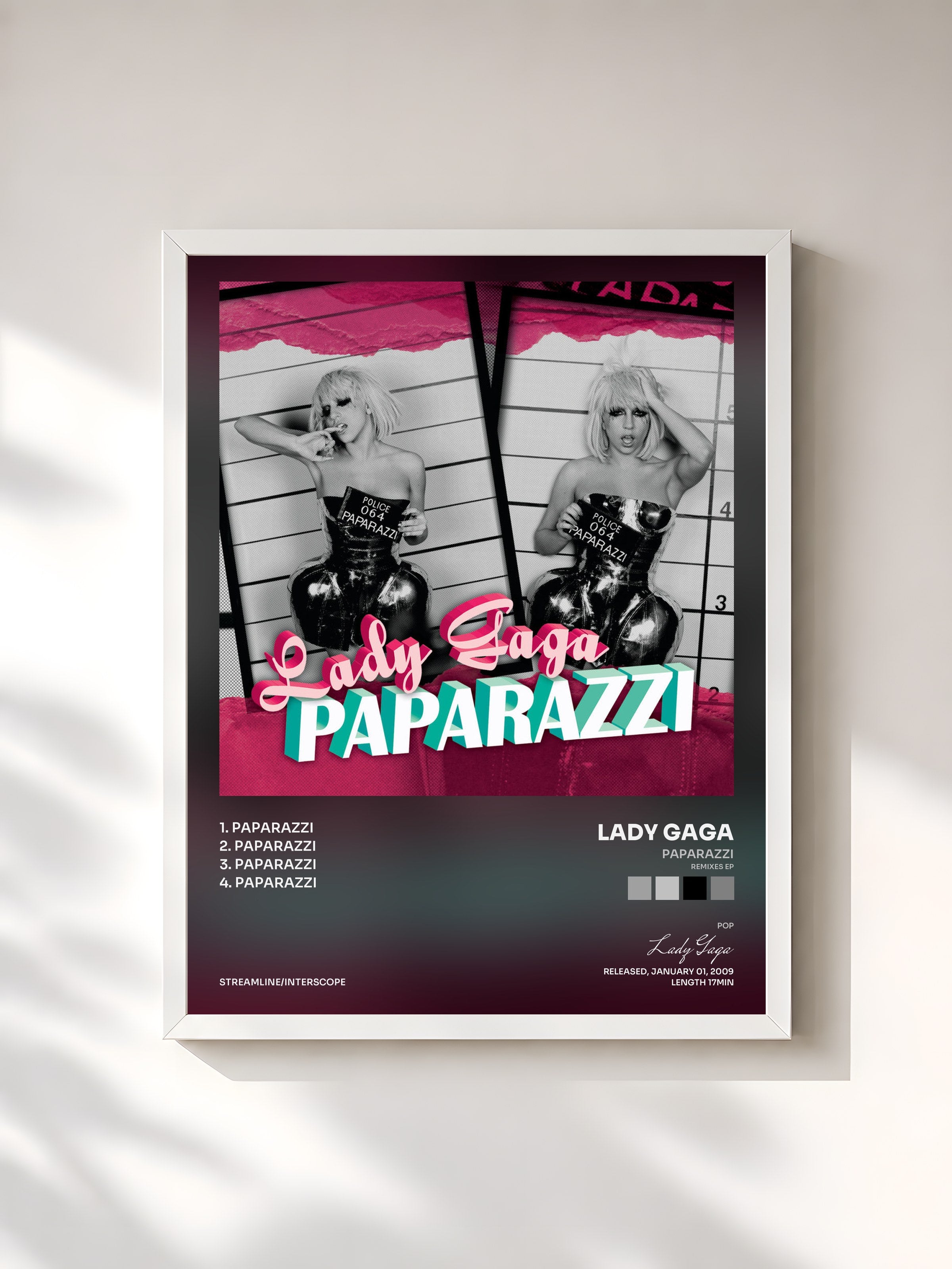#blanc Tableau de l'album Paparazzi (Remixes EP) de Lady Gaga, cadre blanc, imprimé et encadré en France