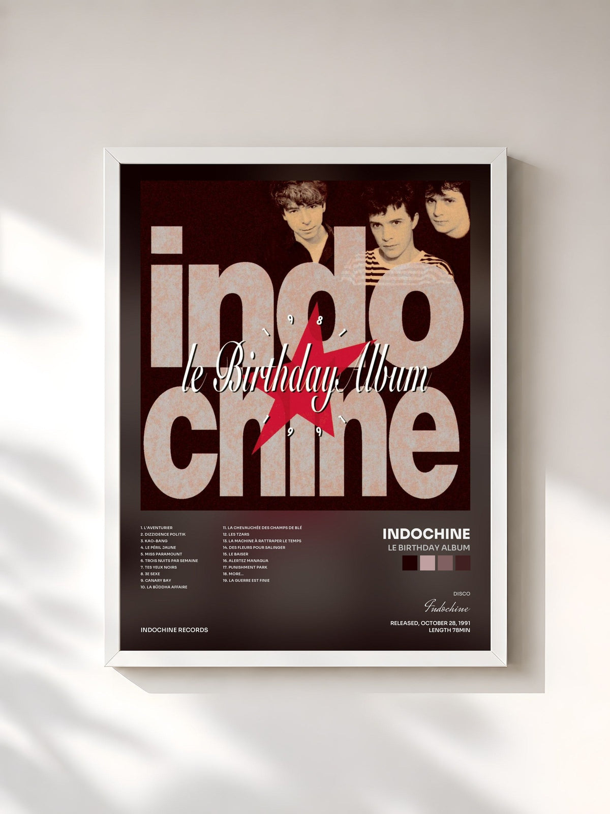 #blanc Tableau de l'album Le Birthday album de Indochine, cadre blanc, imprimé et encadré en France