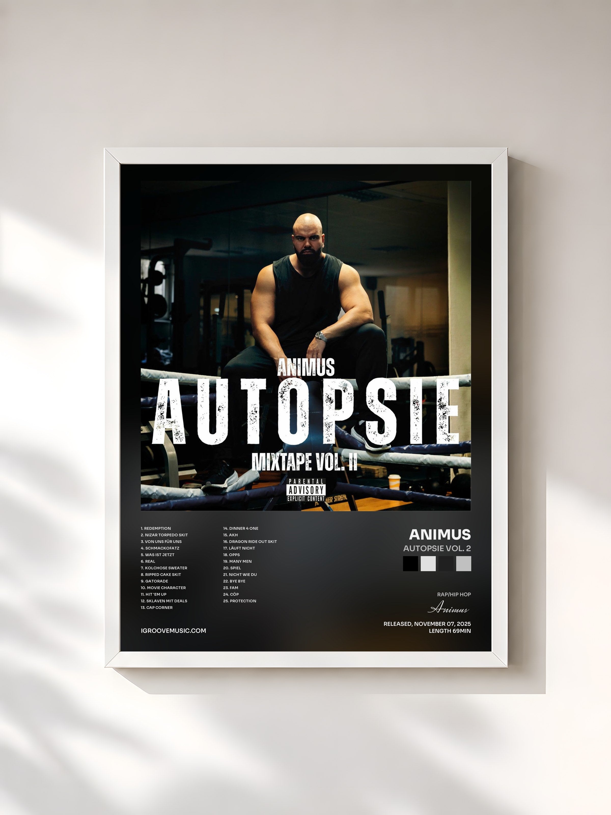 #blanc Tableau de l'album Autopsie Vol. 2 de Animus, cadre blanc, imprimé et encadré en France