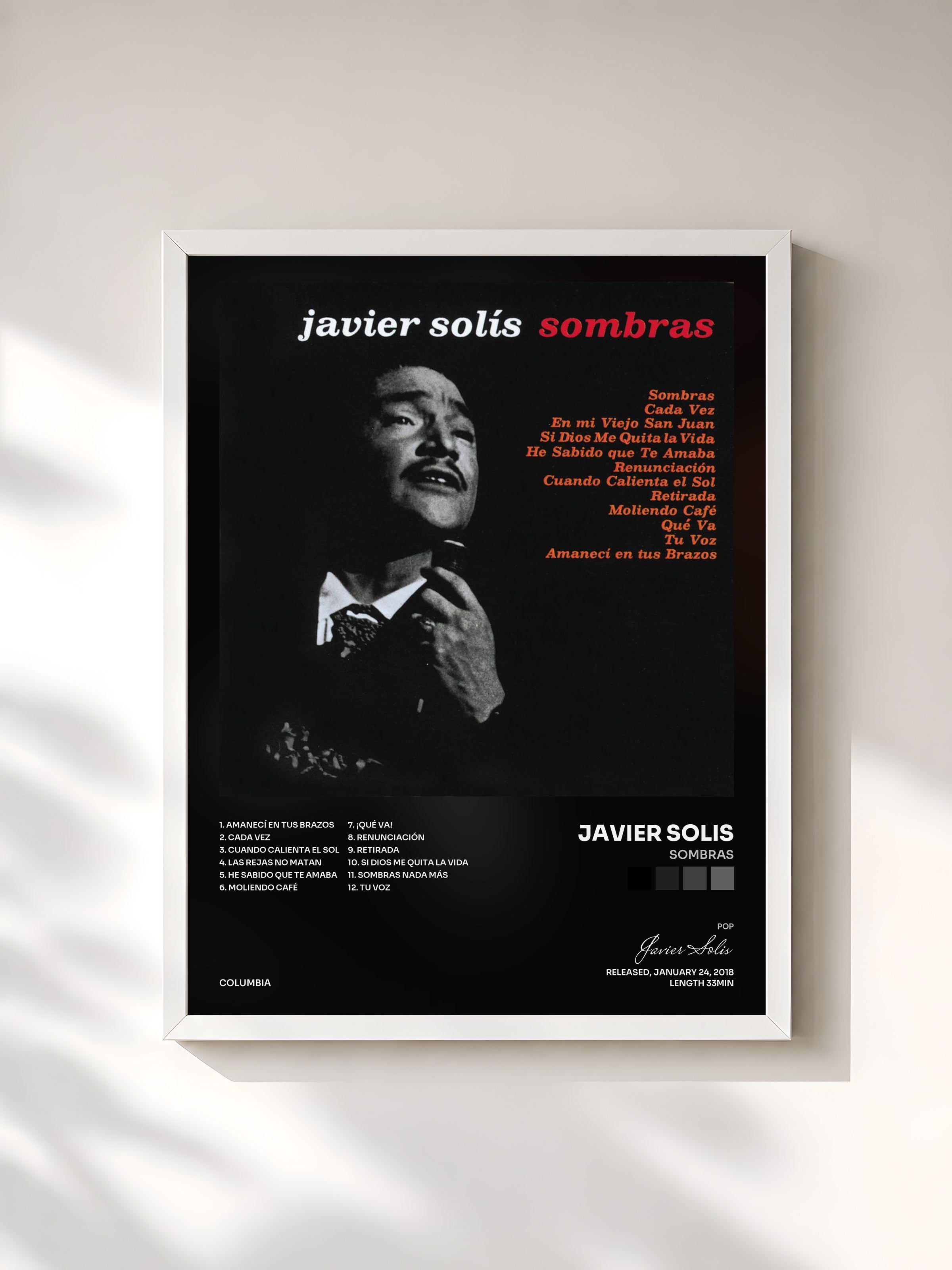 #blanc Tableau de l'album Sombras de Javier Solis, cadre blanc, imprimé et encadré en France