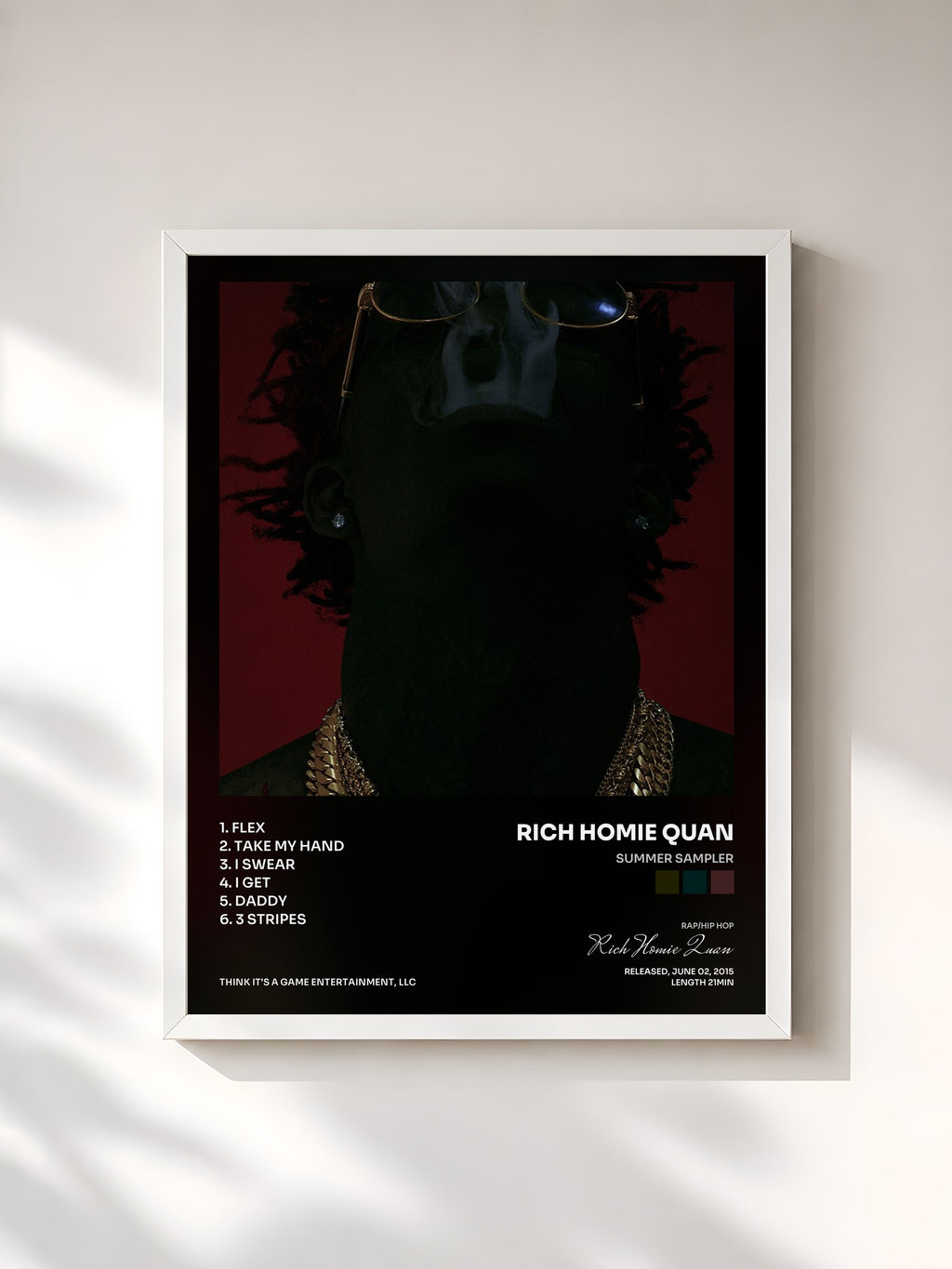 #blanc Tableau de l'album Summer Sampler de Rich Homie Quan, cadre blanc, imprimé et encadré en France