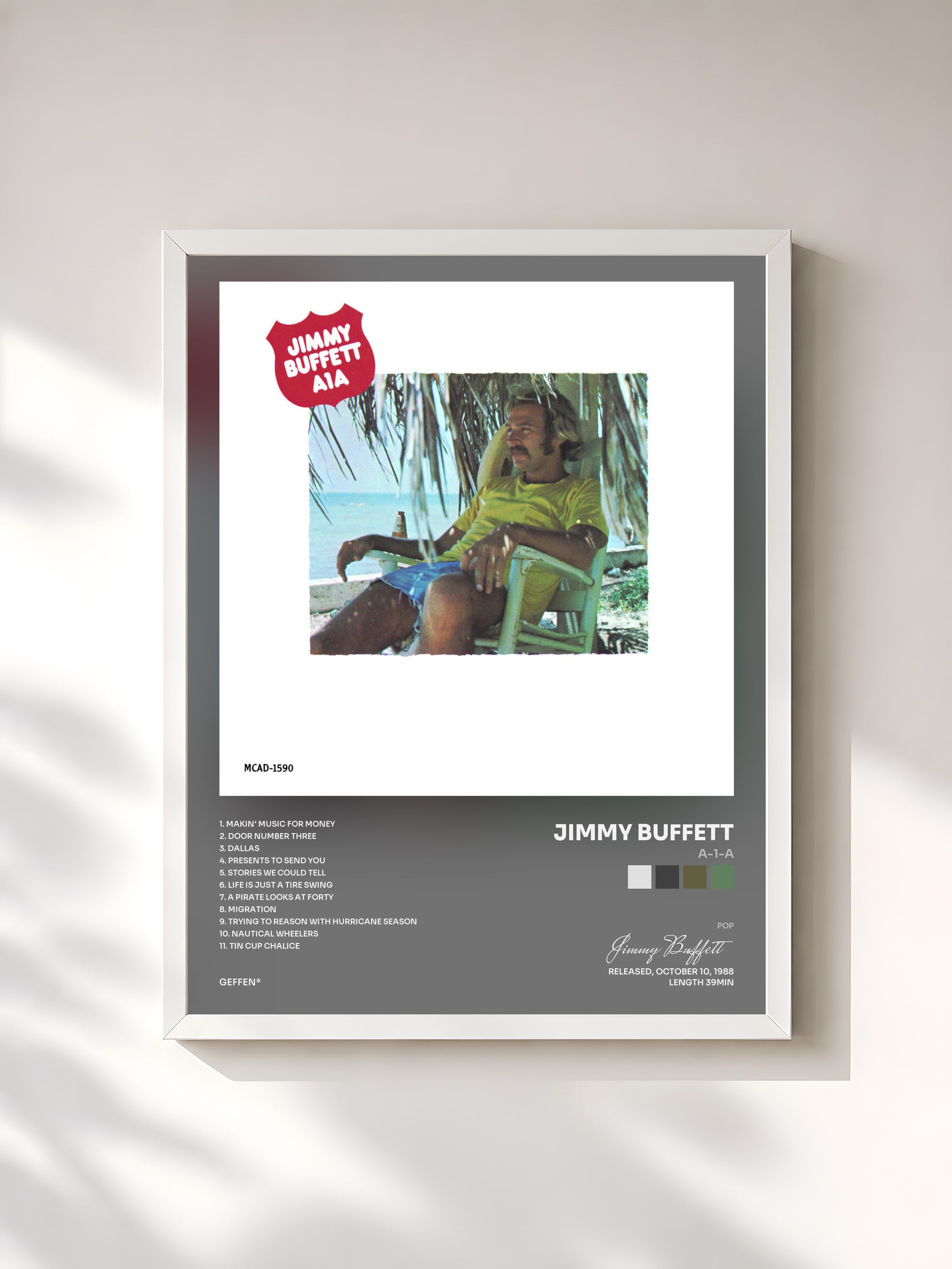 #blanc Tableau de l'album A-1-A de Jimmy Buffett, cadre blanc, imprimé et encadré en France