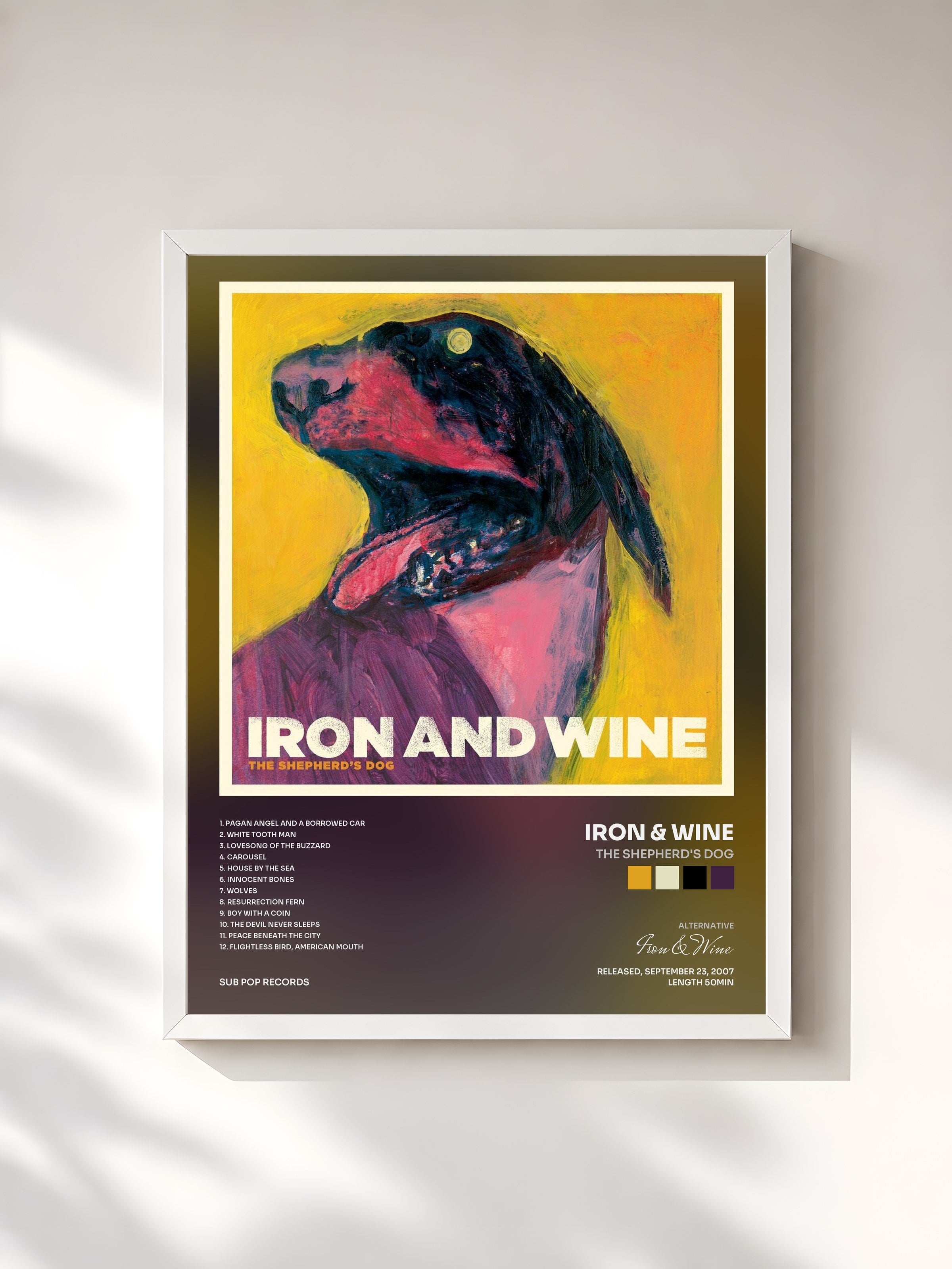 #blanc Tableau de l'album The Shepherd's Dog de Iron & Wine, cadre blanc, imprimé et encadré en France