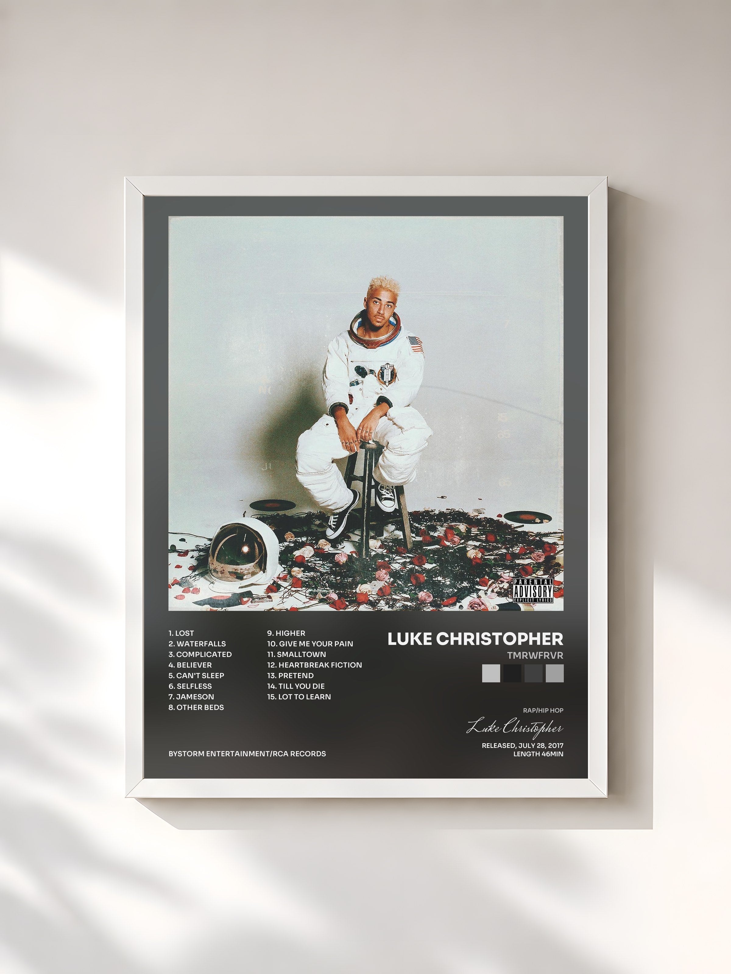 #blanc Tableau de l'album TMRWFRVR de Luke Christopher, cadre blanc, imprimé et encadré en France