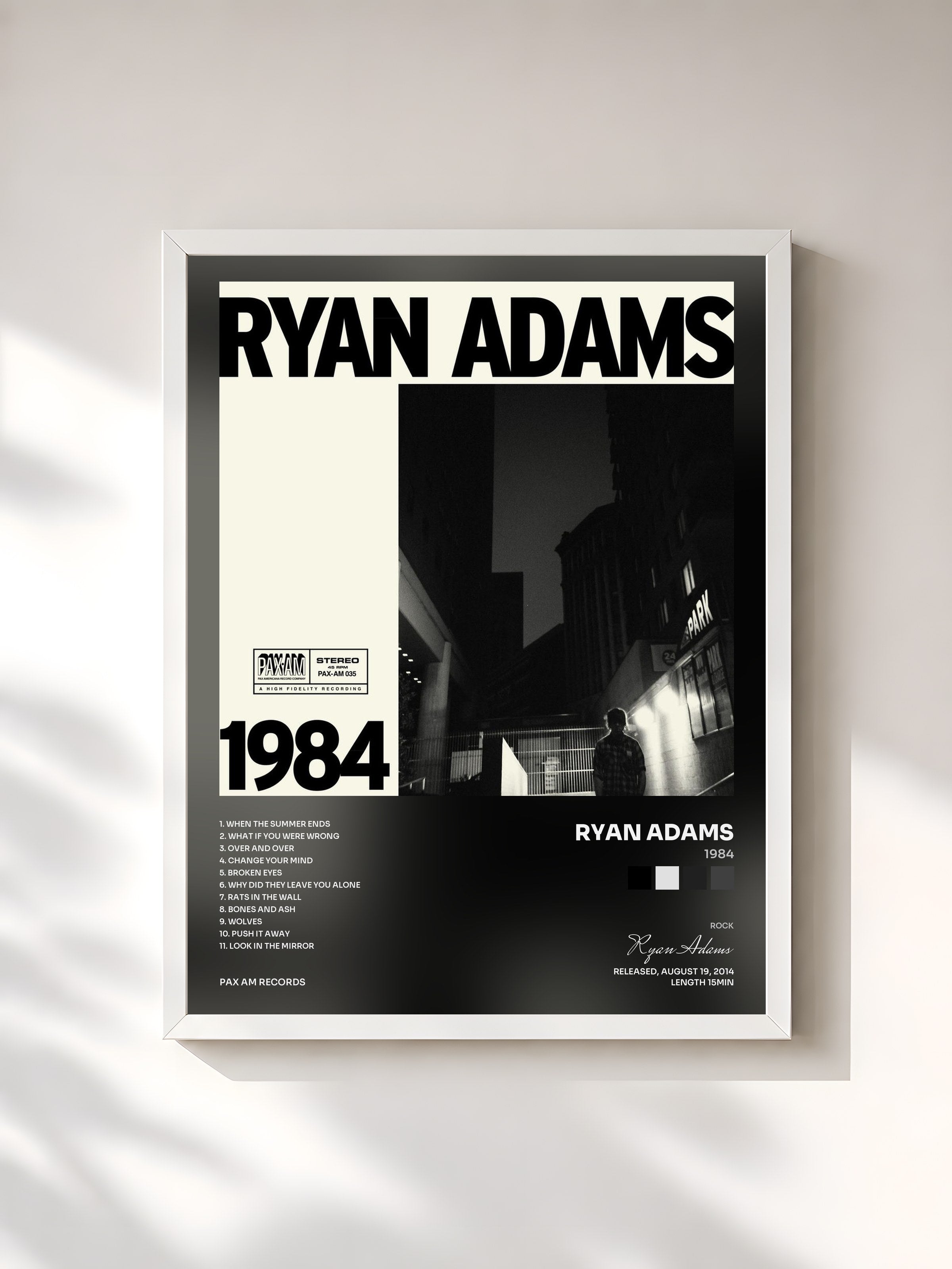 #blanc Tableau de l'album 1984 de Ryan Adams, cadre blanc, imprimé et encadré en France