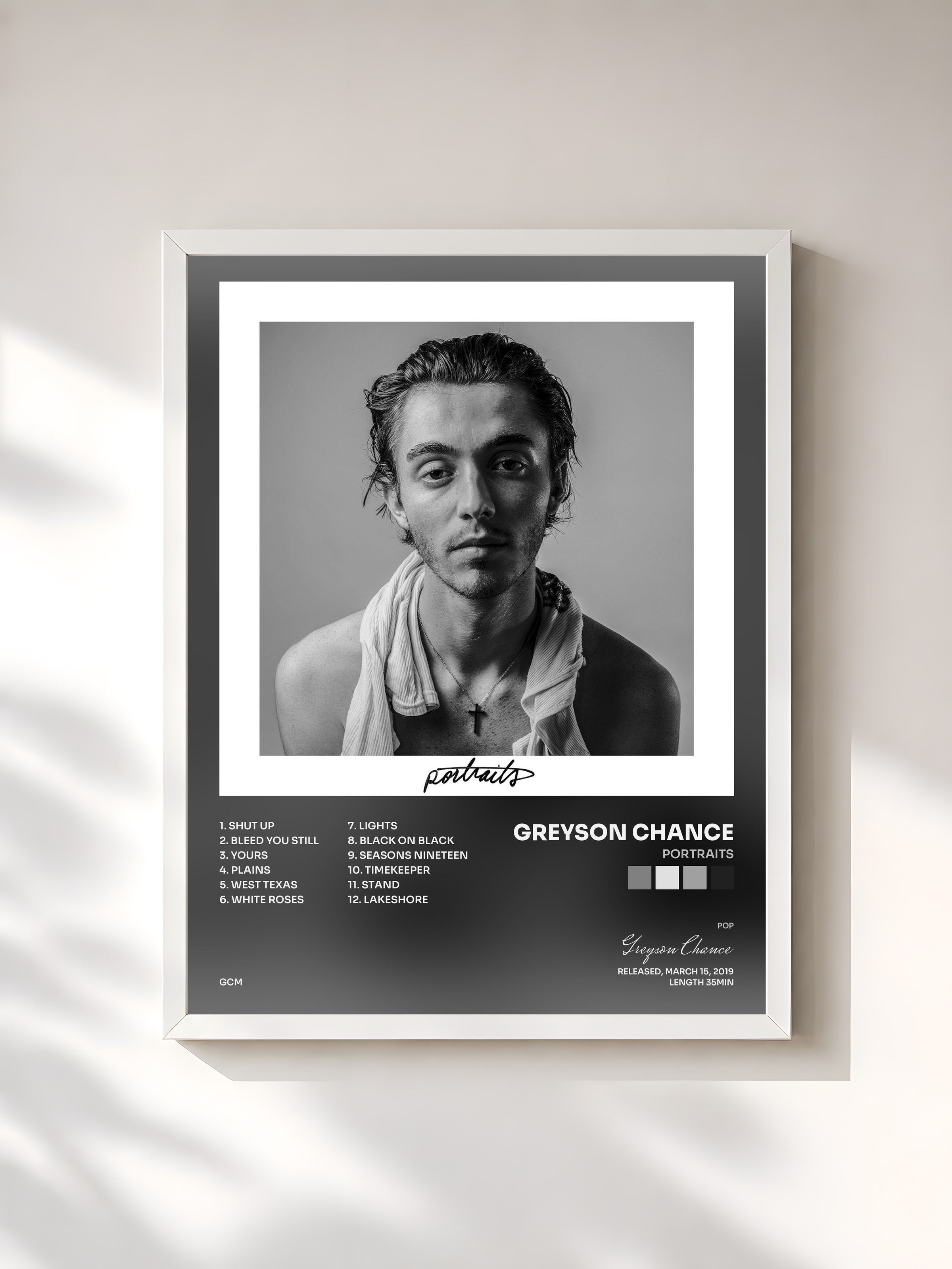 #blanc Tableau de l'album portraits de Greyson Chance, cadre blanc, imprimé et encadré en France