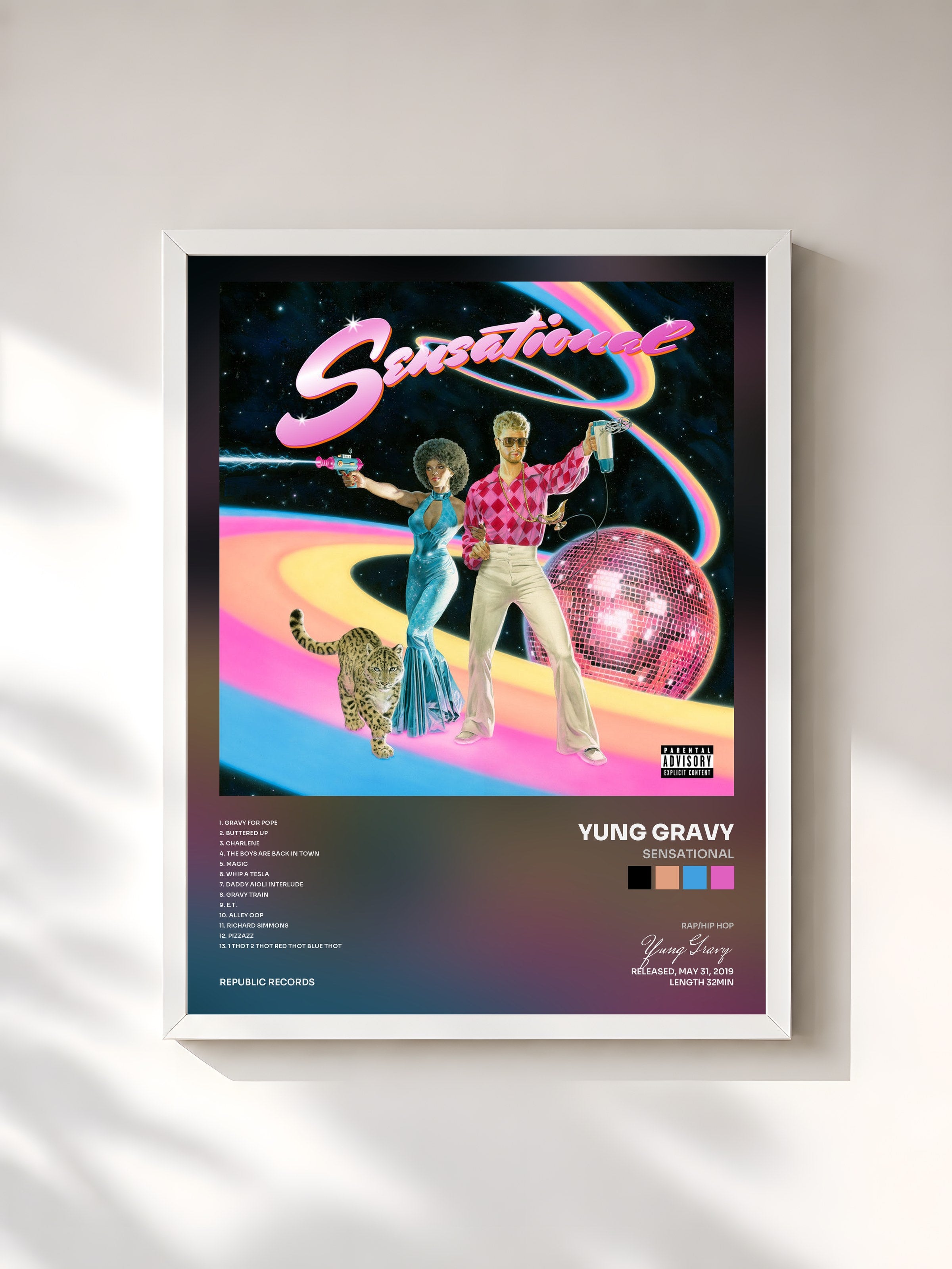 #blanc Tableau de l'album Sensational de Yung Gravy, cadre blanc, imprimé et encadré en France