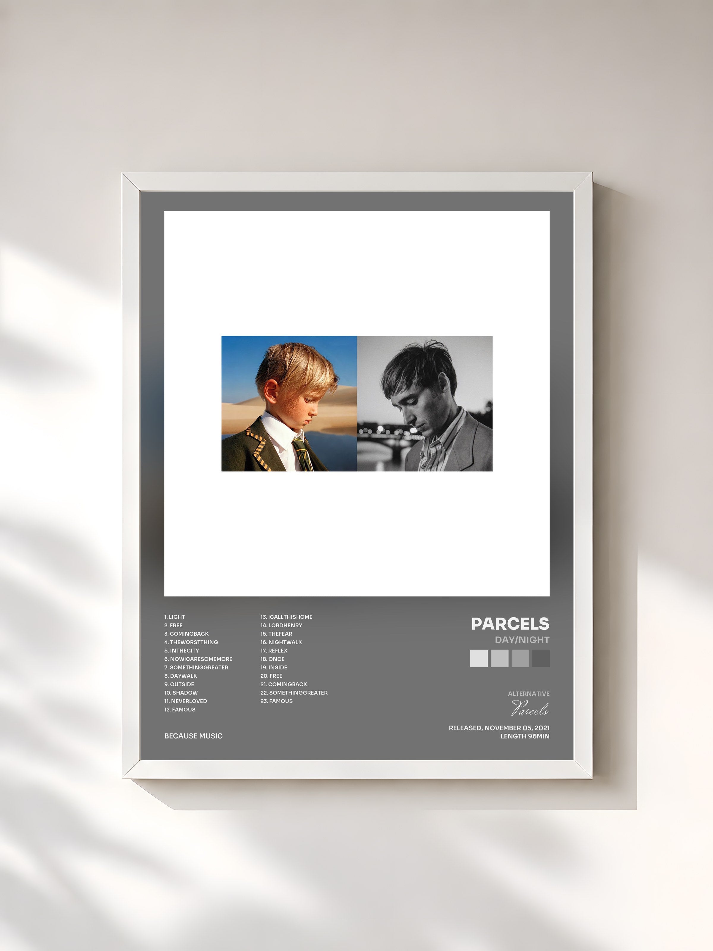 #blanc Tableau de l'album Day/Night de Parcels, cadre blanc, imprimé et encadré en France
