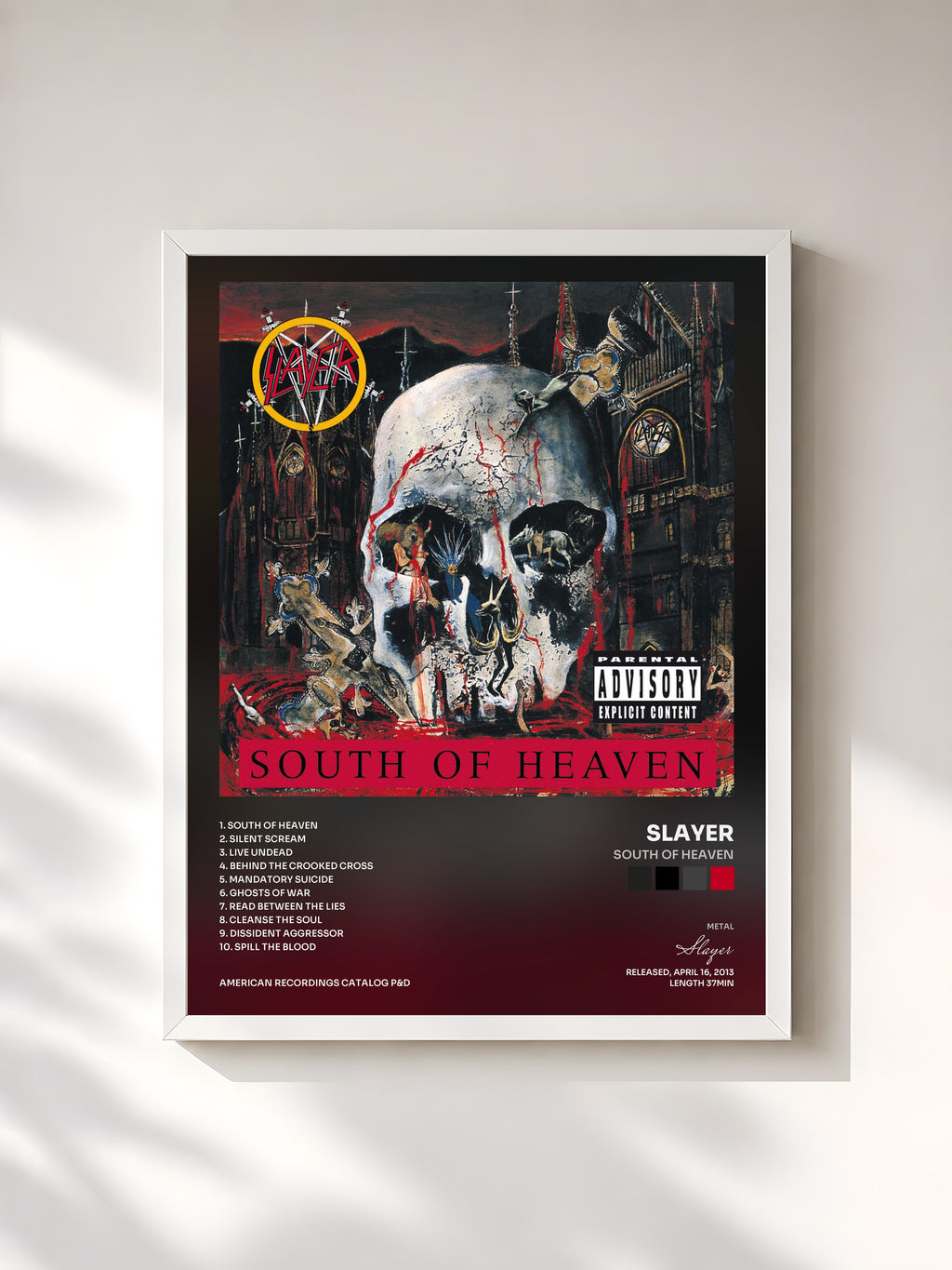 #blanc Tableau de l'album South Of Heaven de Slayer, cadre blanc, imprimé et encadré en France