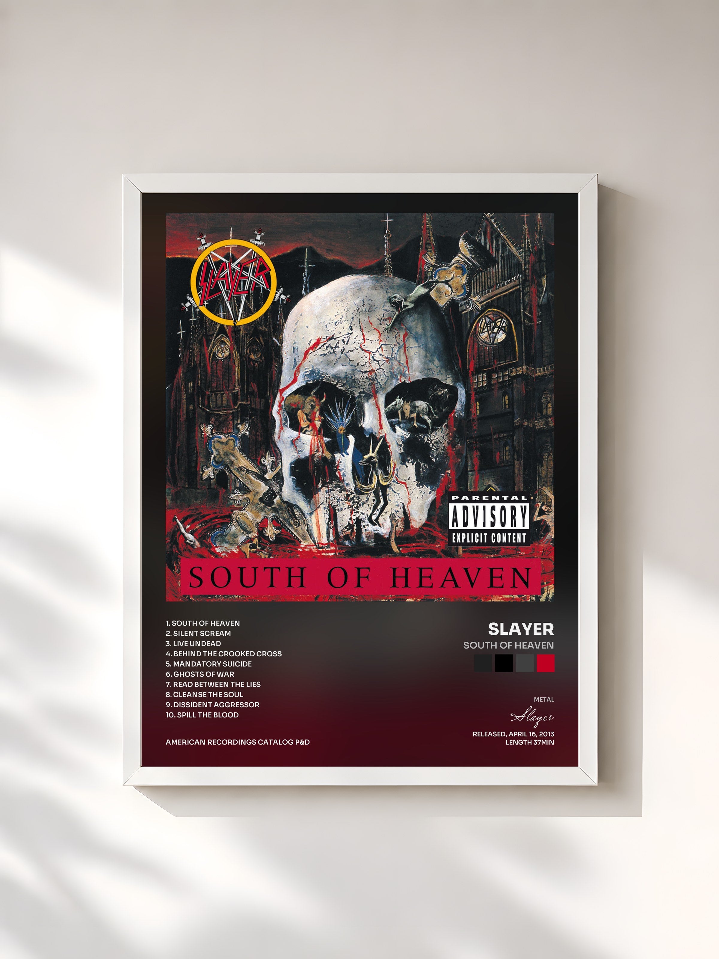 #blanc Tableau de l'album South Of Heaven de Slayer, cadre blanc, imprimé et encadré en France