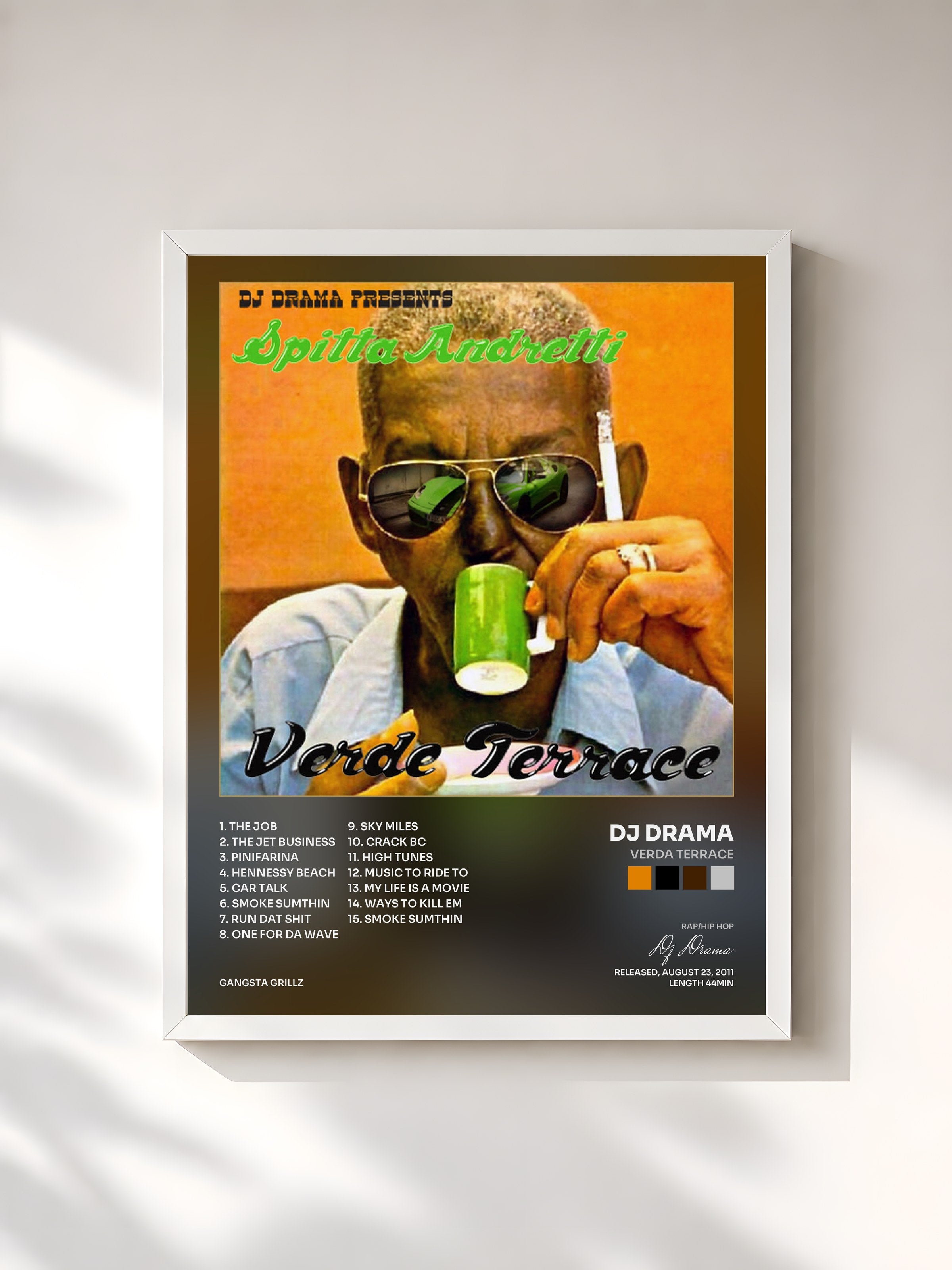 #blanc Tableau de l'album Verda Terrace de Dj Drama, cadre blanc, imprimé et encadré en France