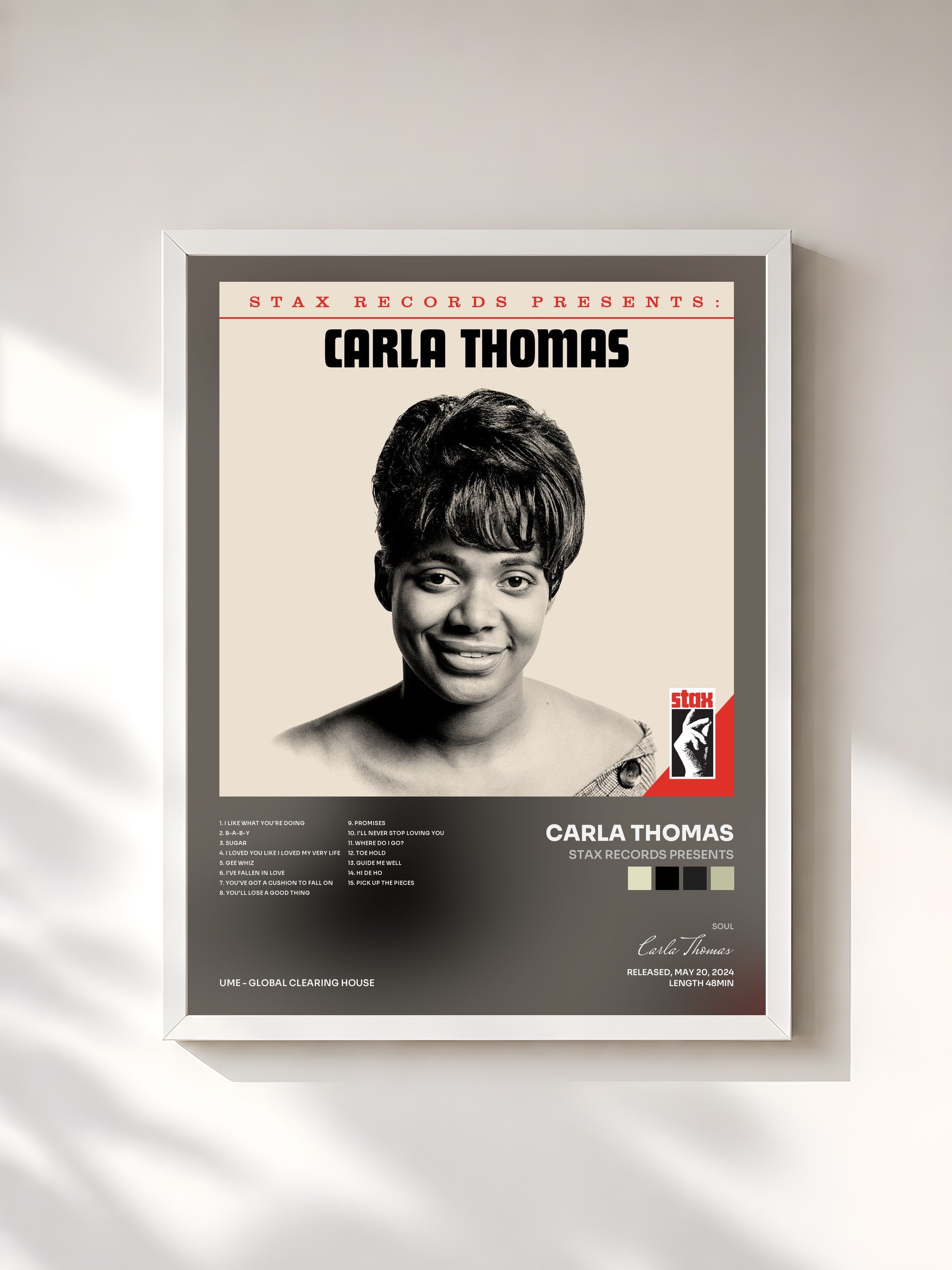 #blanc Tableau de l'album Stax Records Presents de Carla Thomas, cadre blanc, imprimé et encadré en France