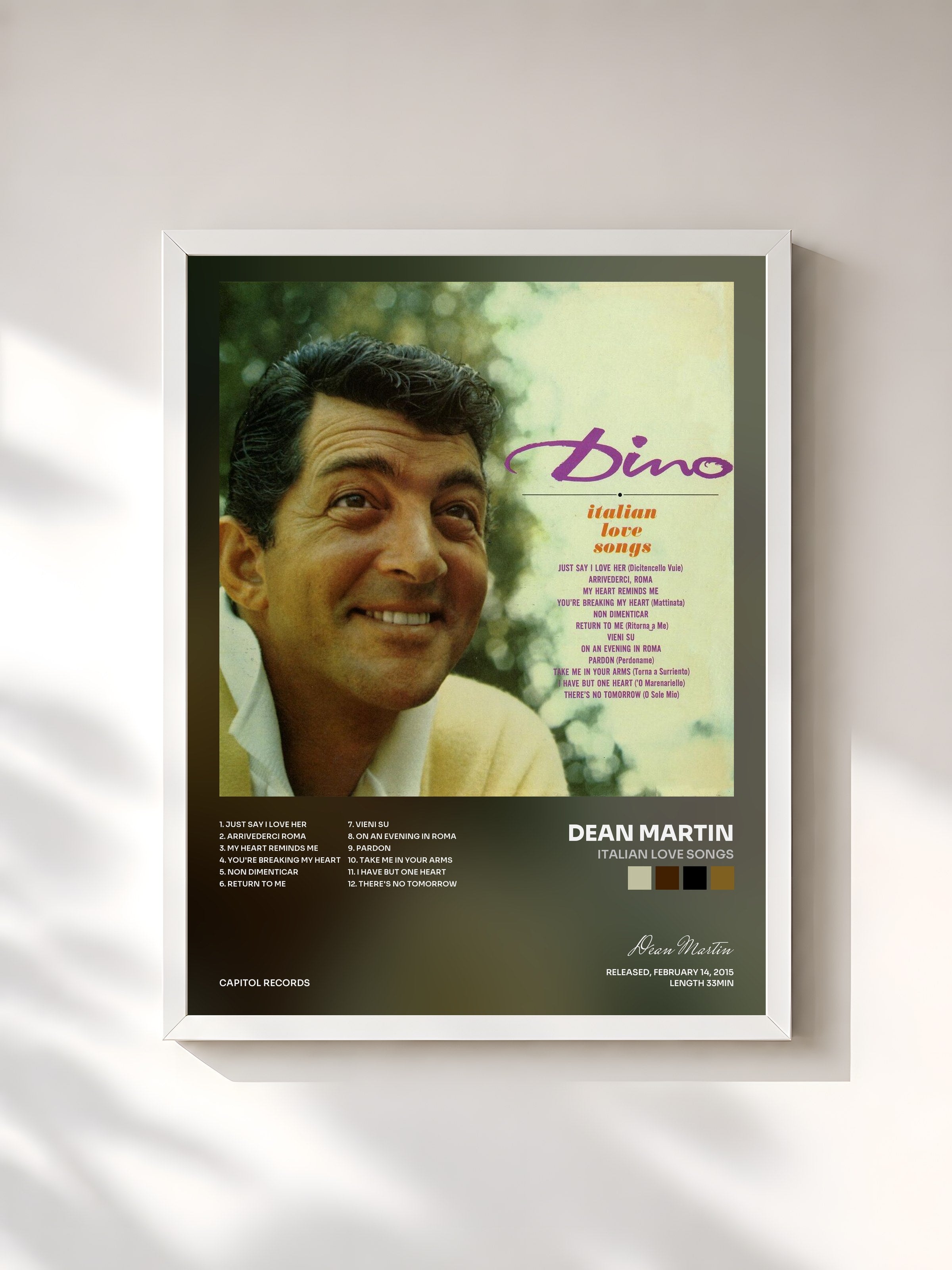 #blanc Tableau de l'album Italian Love Songs de Dean Martin, cadre blanc, imprimé et encadré en France