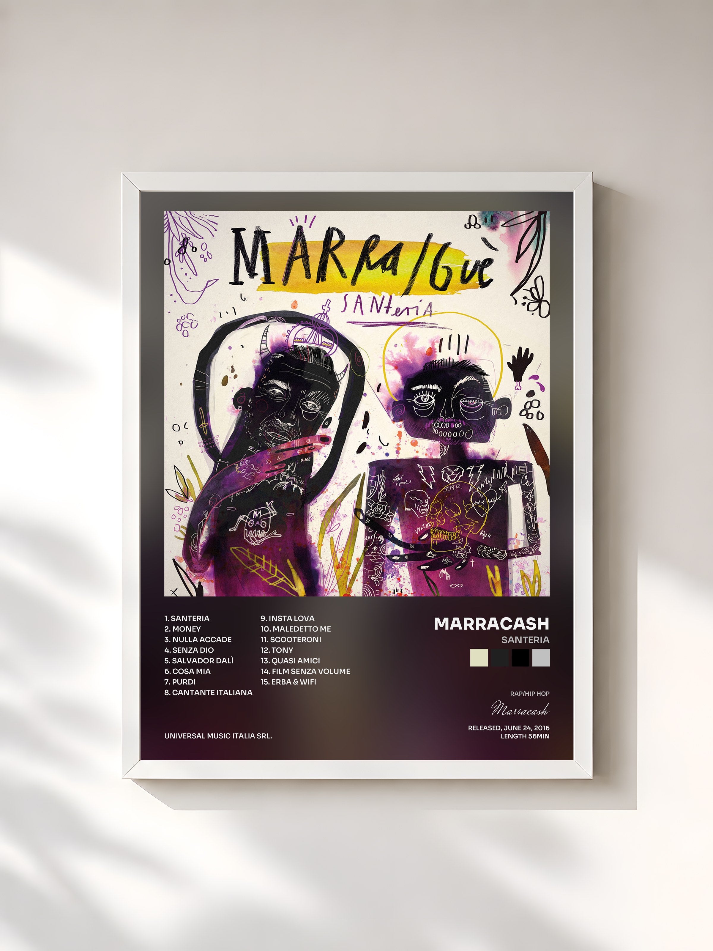 #blanc Tableau de l'album Santeria de Marracash, cadre blanc, imprimé et encadré en France