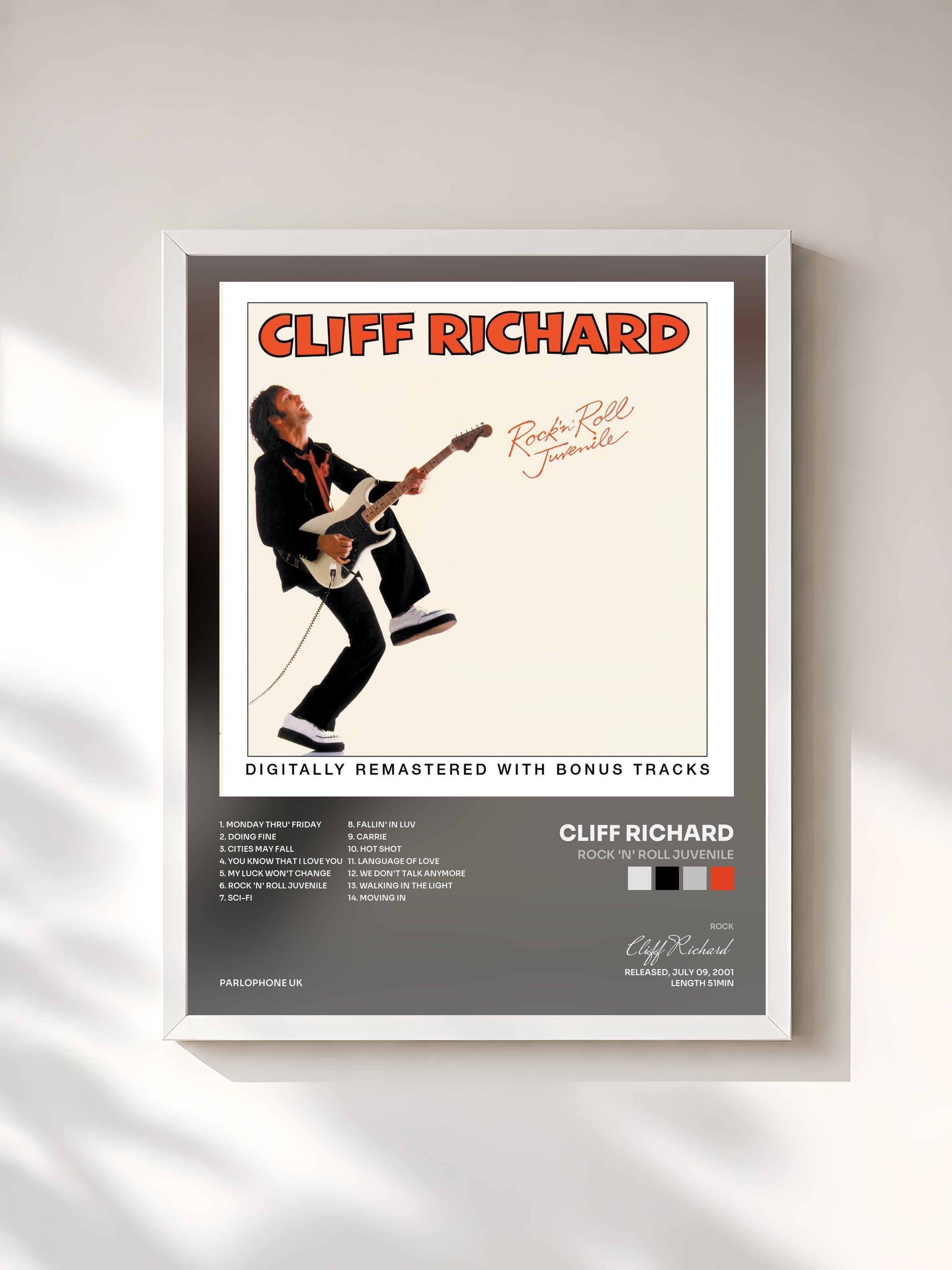 #blanc Tableau de l'album Rock 'n' Roll Juvenile de Cliff Richard, cadre blanc, imprimé et encadré en France