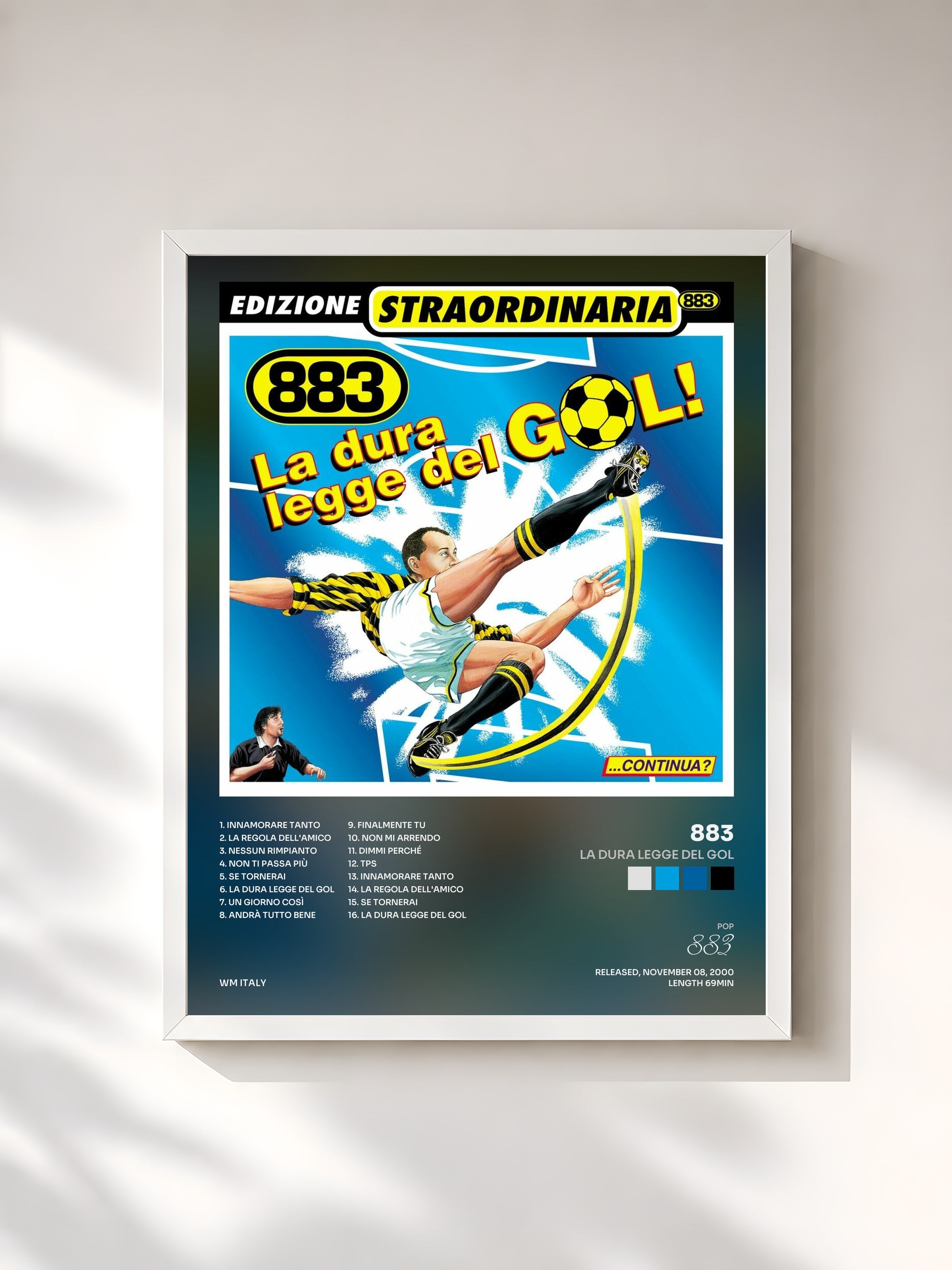 #blanc Tableau de l'album La dura legge del gol de 883, cadre blanc, imprimé et encadré en France