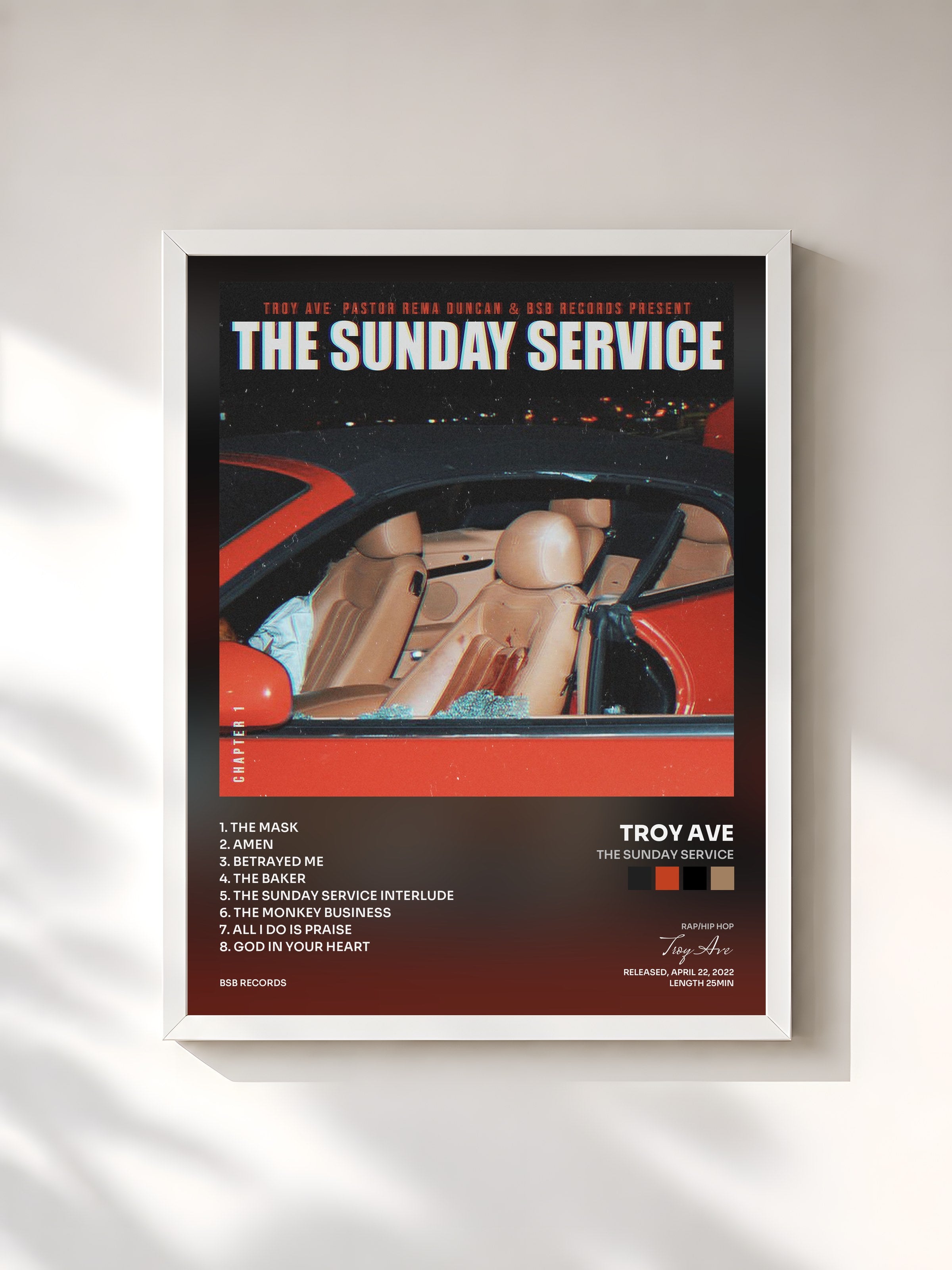 #blanc Tableau de l'album THE SUNDAY SERVICE de Troy Ave, cadre blanc, imprimé et encadré en France
