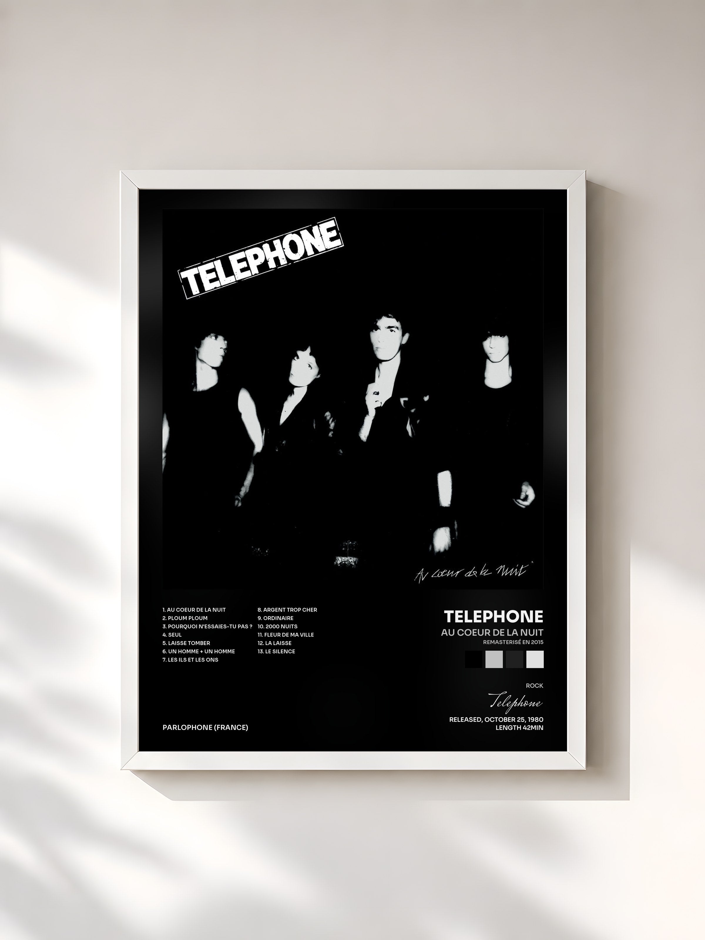 #blanc Tableau de l'album Au coeur de la nuit (Remasterisé en 2015) de Telephone, cadre blanc, imprimé et encadré en France
