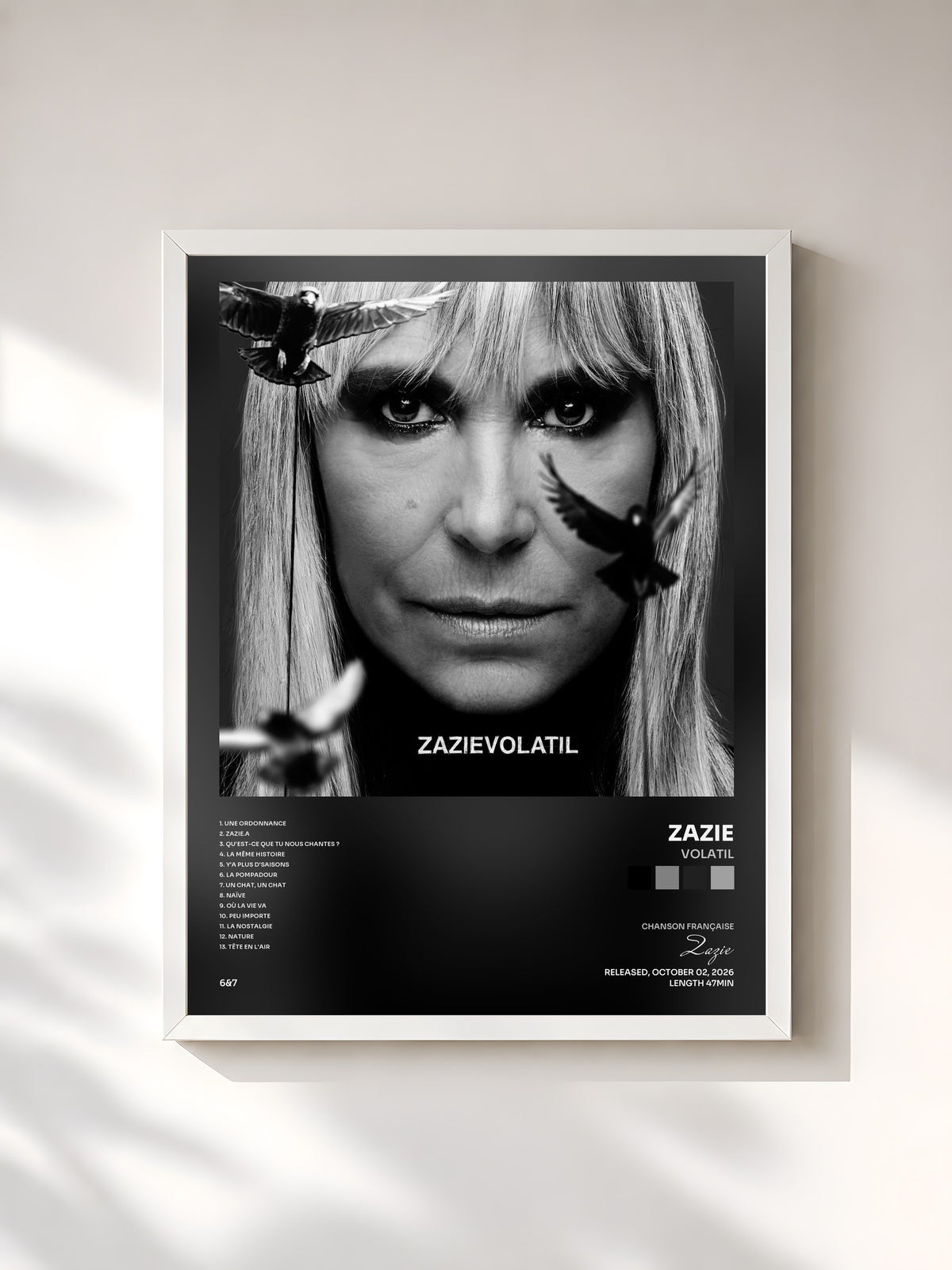 #blanc Tableau de l'album Volatil de Zazie, cadre blanc, imprimé et encadré en France