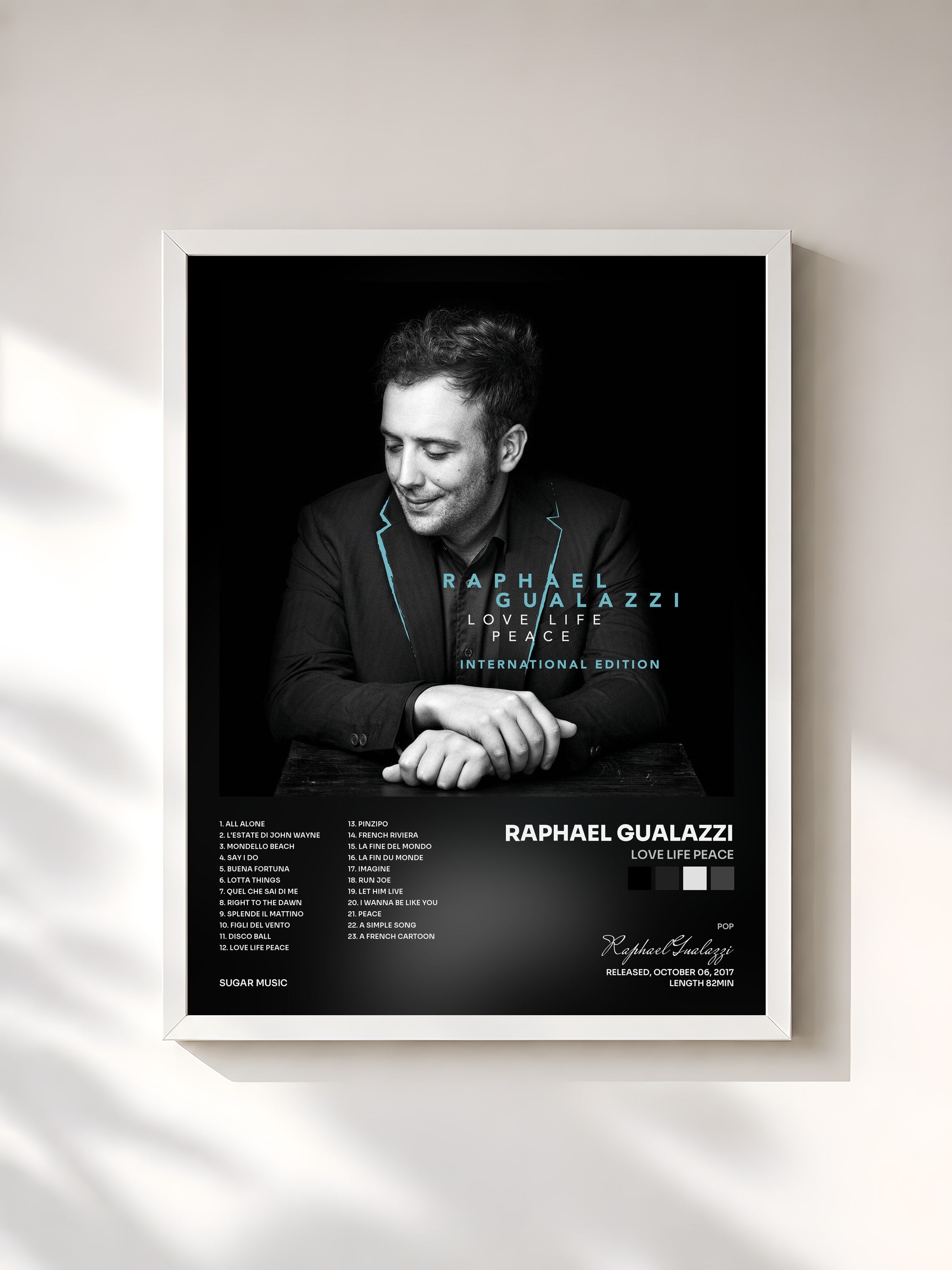 #blanc Tableau de l'album Love Life Peace de Raphael Gualazzi, cadre blanc, imprimé et encadré en France