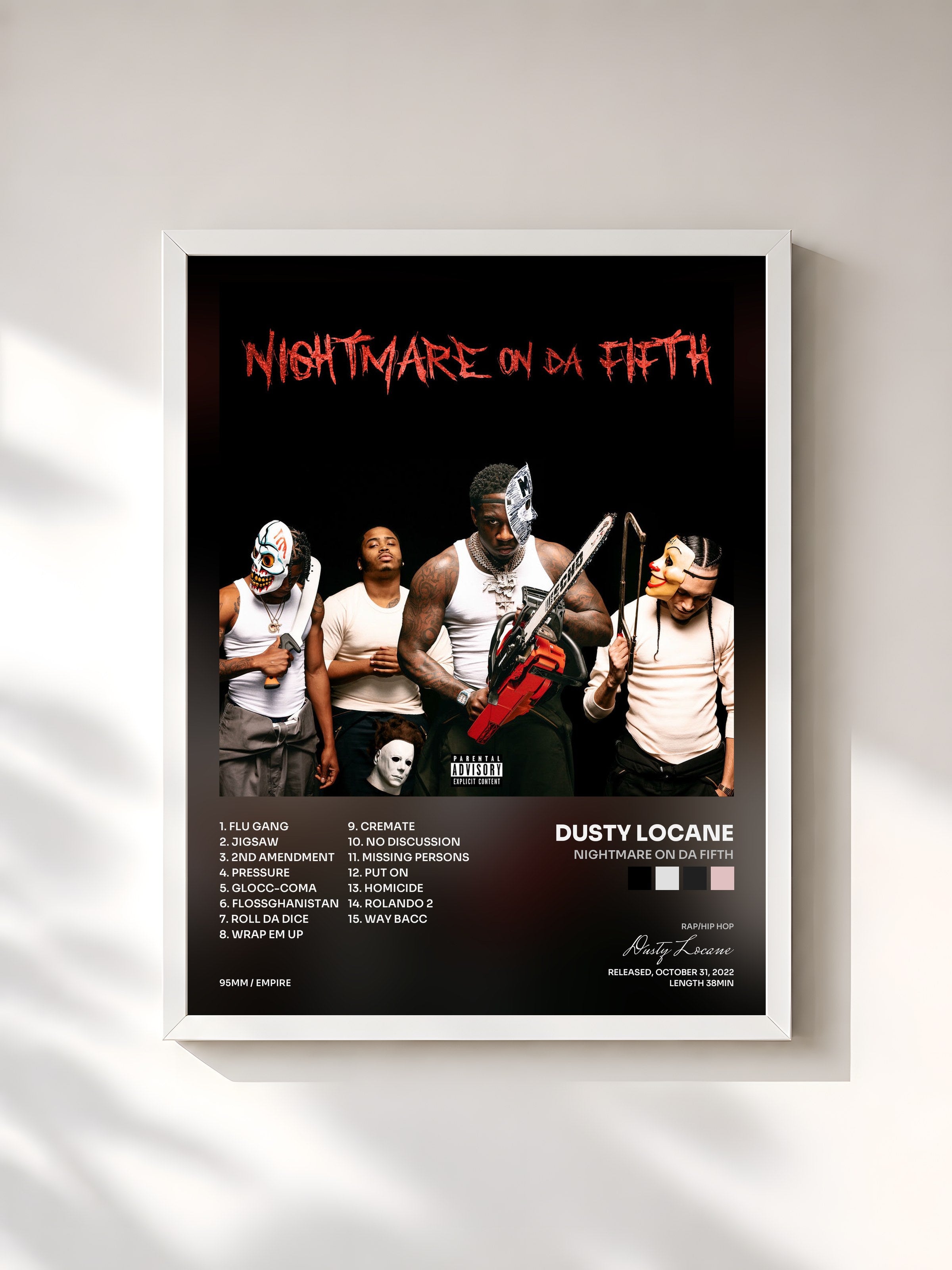 #blanc Tableau de l'album NIGHTMARE ON DA FIFTH de Dusty Locane, cadre blanc, imprimé et encadré en France