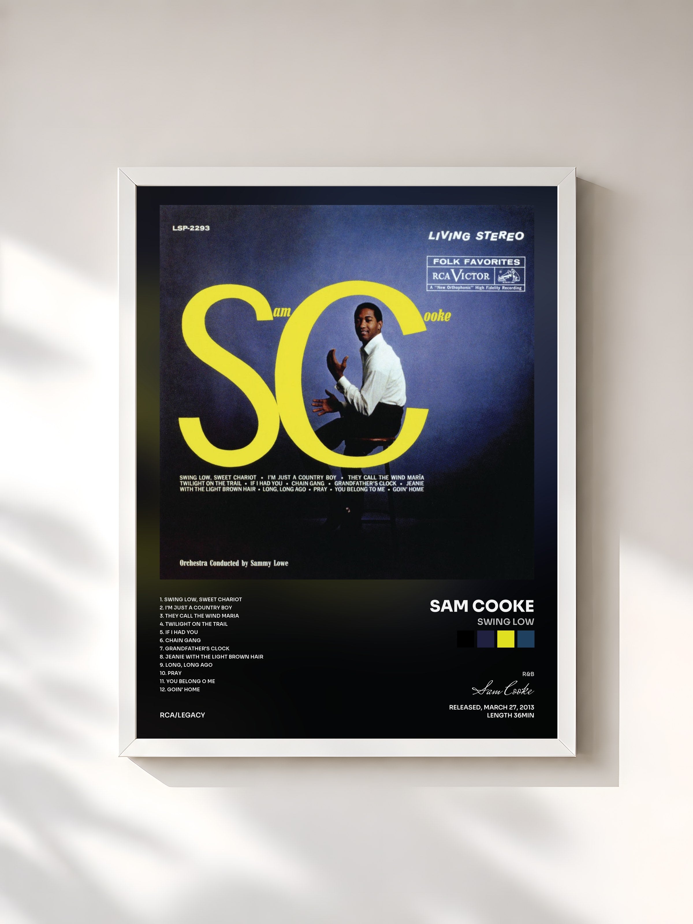 #blanc Tableau de l'album Swing Low de Sam Cooke, cadre blanc, imprimé et encadré en France